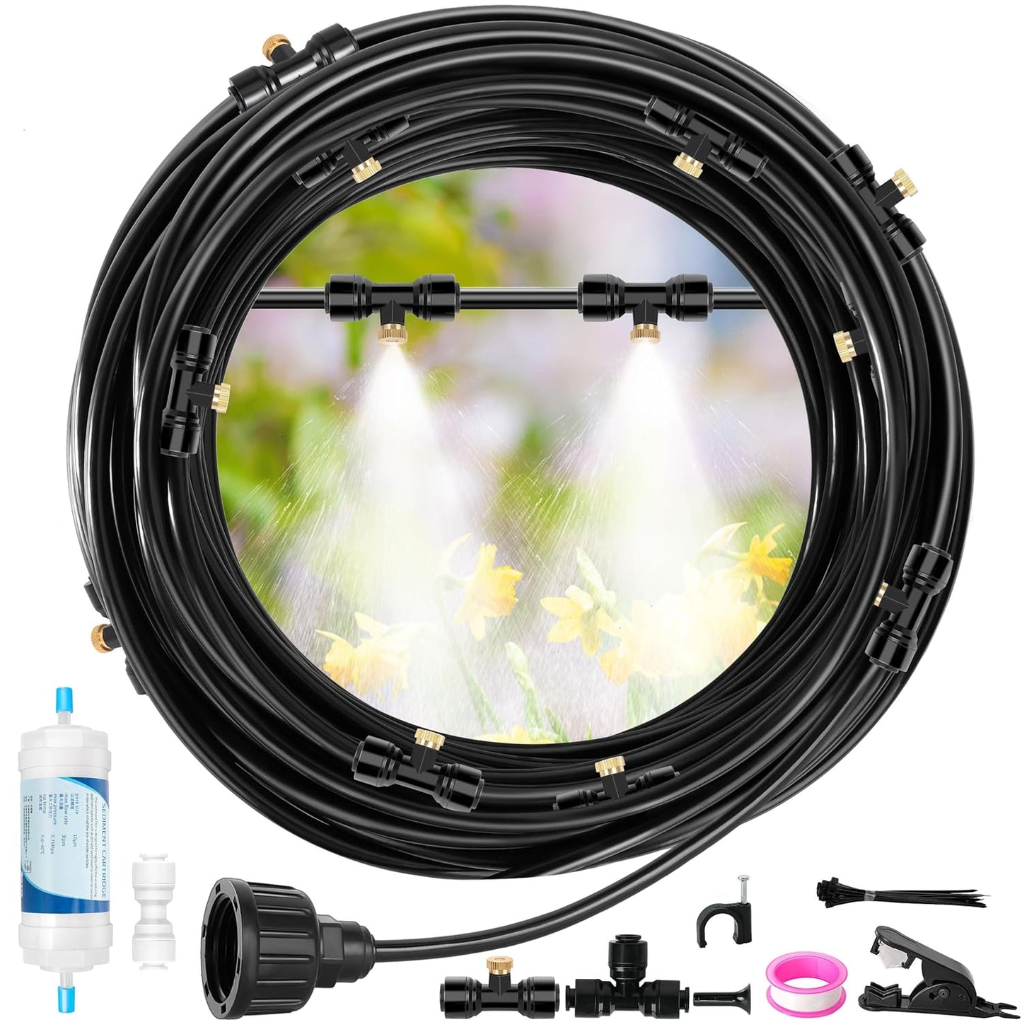 50FT Misters for Outside Patio Outdoor Misting System with Water Filter Automatic Cooling Patio Greenhouse Fan BBQ Pool Mist Kit for Irrigation Garden Durable All-Weather 1/4" Tubing