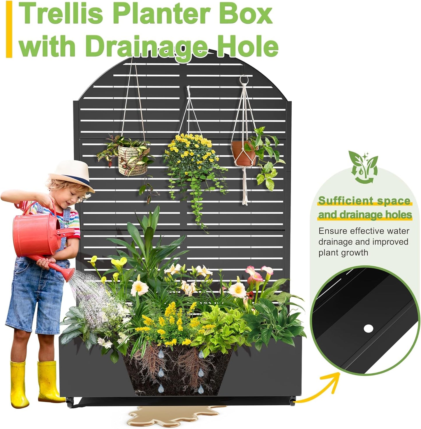 FENCY Metal Raised Garden Bed with Wheels and Trellis,Arched 73"x47"x16" Planter Box for Climbing Plants, Vegetables & Vines, Features Privacy Screen and Drainage Holes (Black-Louvered)