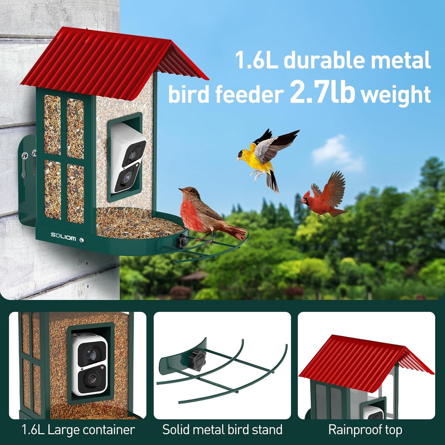 SOLIOM Solar Bird Feeder with Camera for Outdoors - AI Smart Birdhouse, 2K Live View & Instant Alerts, Squirrel Proof - Perfect Bird Watching Gift (Red)