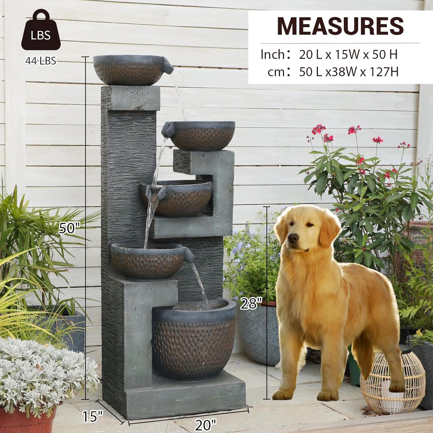 50" H Large Garden Fountains Outdoor, 5-Tier Cascading Rustic Style Bowl Water Fountain and Waterfall Feature with Light and Pump for Garden, Patio, Deck, Porch, Home Décor, Gray&Brown
