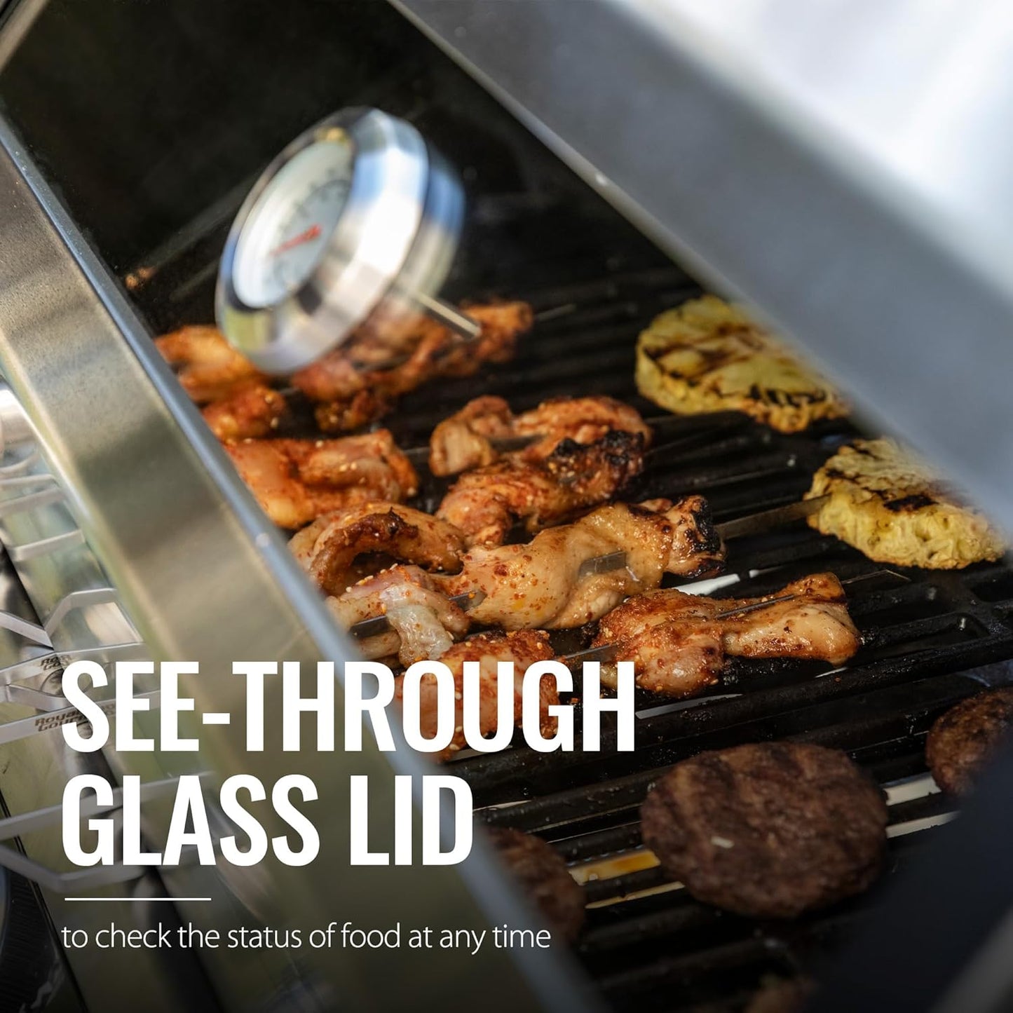 4-Burner Propane Gas Grill with Side Burner, Cabinet Style Grill with Glass Viewing Window, Porcelain-enameled Cast Iron Grate & Stainless Steel Warming Rack, Silver, SG5003S-SC