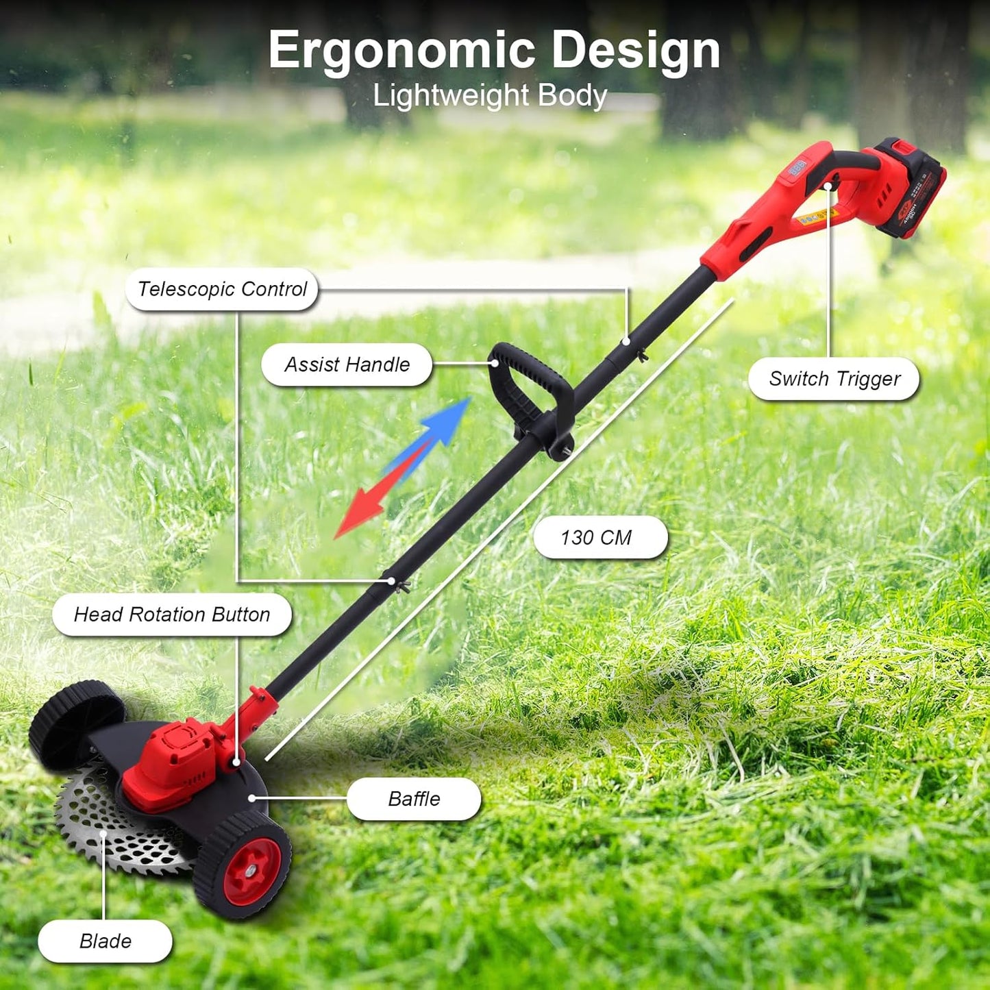 Electric Weed Wacker Cordless Weed Eater Battery Powered, 21V Stringless Grass Trimmer/Edger/Brush Cutter/Lawn Mower, 2 Battery with Wheel & Blades for Yard Garden
