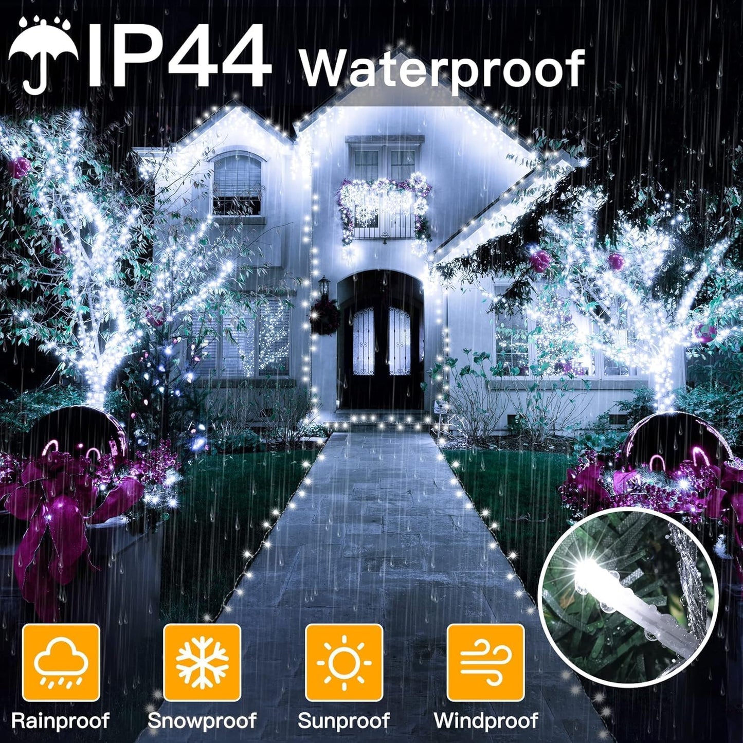 Ollny Christmas Lights Outdoor Waterproof, 1000LED 328FT Super Long String Lights with Remote 3 Timer, Plug in 8 Modes Fairy Light for Outside House Bedroom Xmas Decorations, Cool White