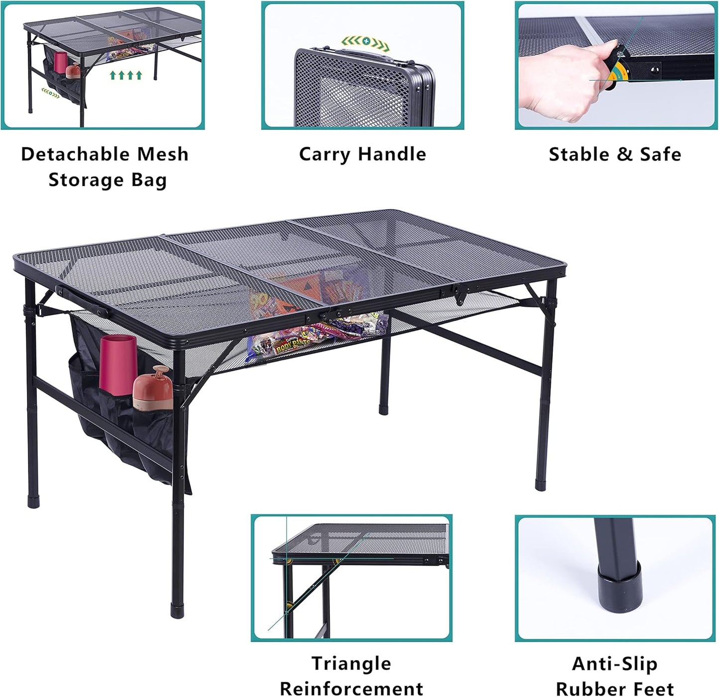 Nice C Table for Grill, Outdoor Table, Camping Cooking Picnic Tables, Card Tables Adjustable Height, Mesh Bag, Carry Handle (47.3” x 23.7“ x 14.7”/24.2“ Black)
