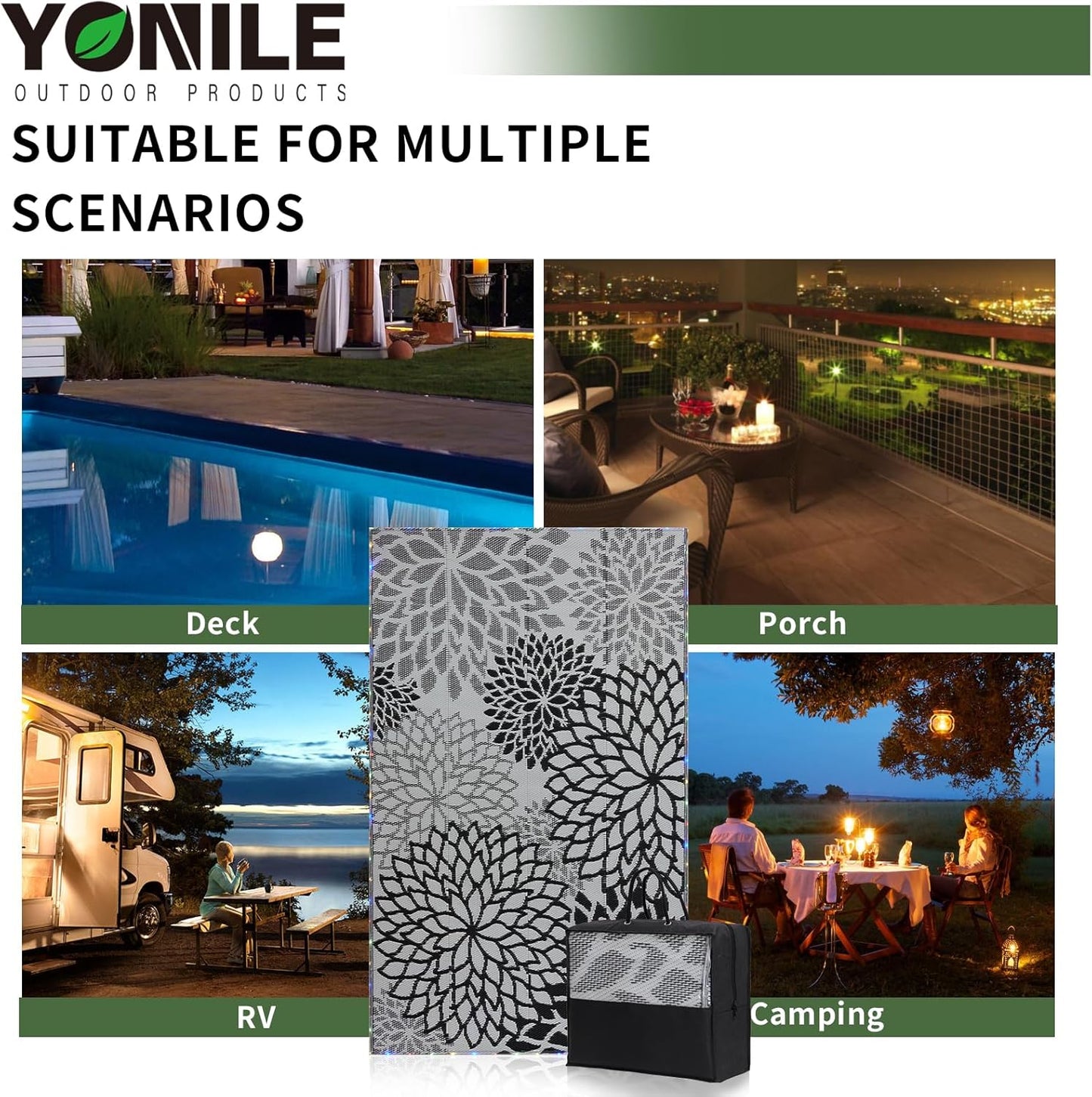 Outdoor Rug 8x10 ft with LED Light, Waterproof Reversible Outdoor Plastic Straw Rug for Patios Clearance, Large Outdoor Area Rug Carpet RV Mat for Camping Backyard Deck Porch Beach