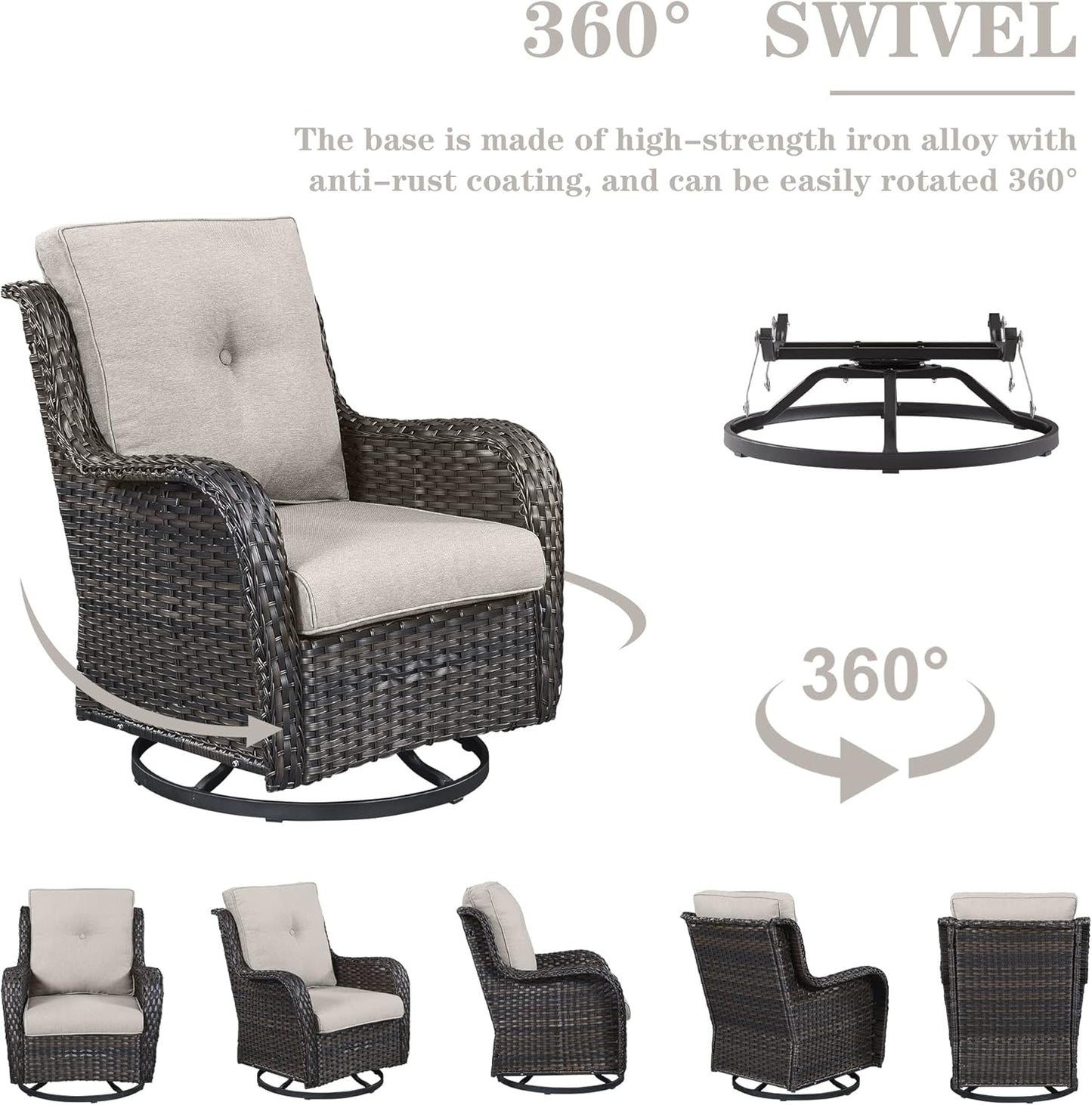 Outdoor Sectional Furniture Sofa Set with Propane Fire Pit Table, Wicker Patio Conversation Set with 2 Swivel Rocker Glider Chairs Beige Cushion Perfect for Backyard Casual Gathering