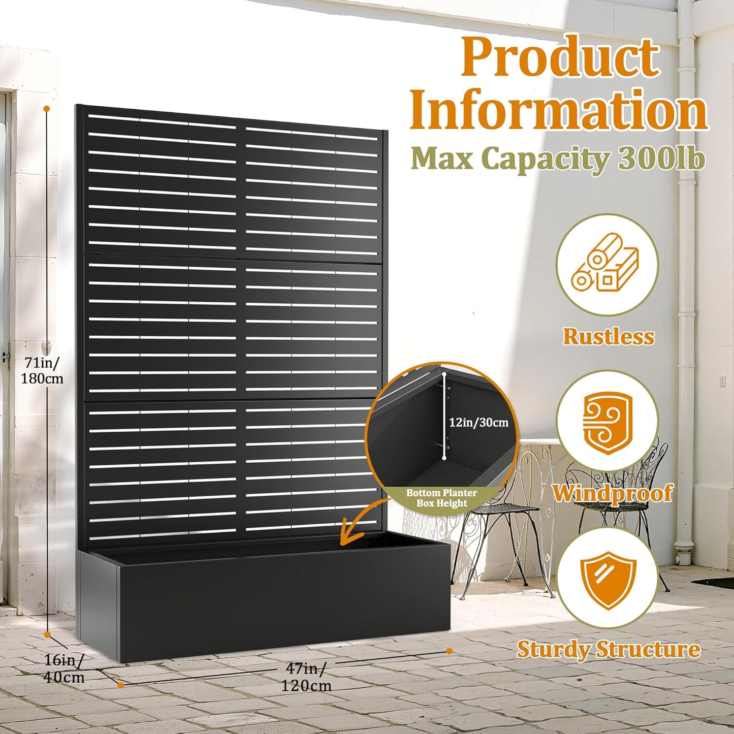 Metal Planter Box with Trellis, Heavy-Duty Raised Garden Bed for Climbing Plants, Drainage Hole, Outdoor Planter Box with Privacy Screen，47''L×16''W×71''H