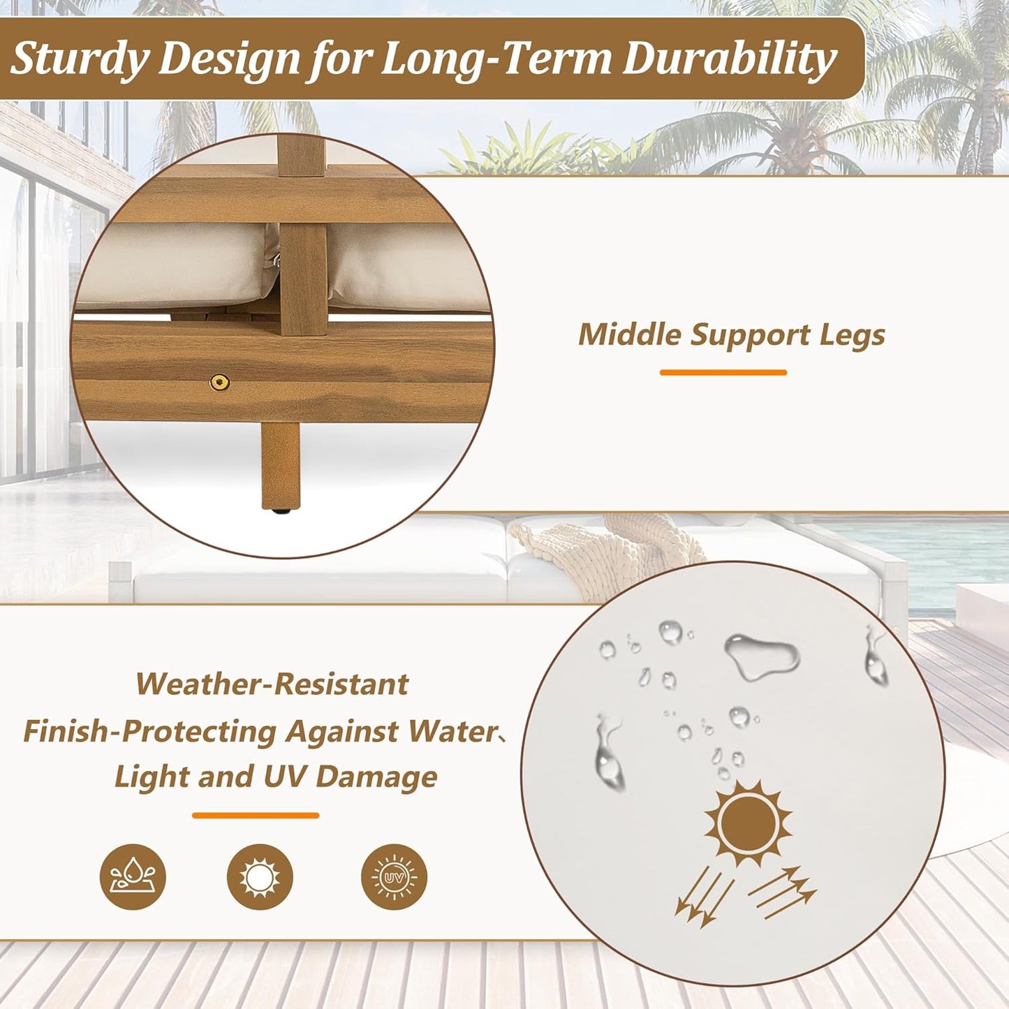 Merax Outdoor Daybed, 3 Seater Acacia Wood Daybed, Patio Day Bed with Four Pillows, Wooden Outdoor Bed with Curved Armrests for Poolside, Backyard, Garden, Light Teak