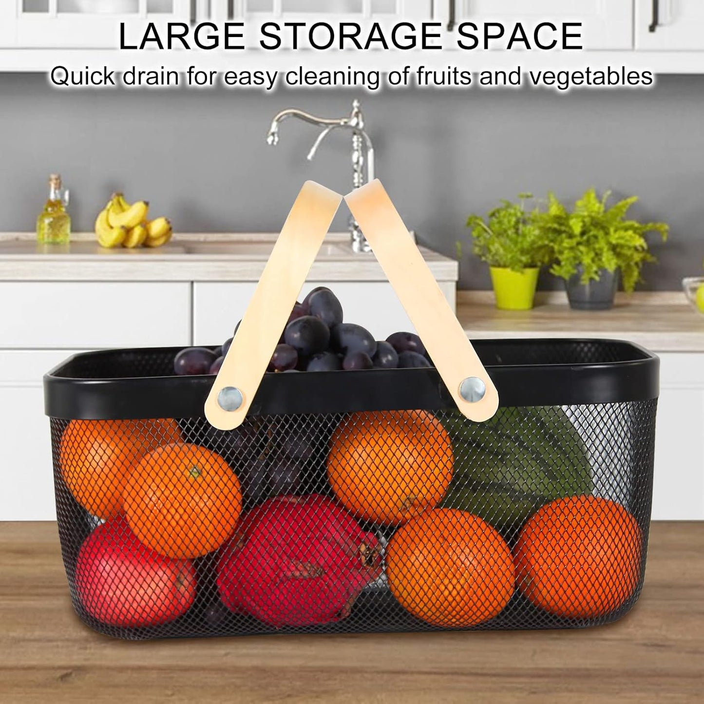 Garden Harvest Basket,Delicate Harvest Basket for Garden Vegetables,Practical Metal Mesh Wire Basket with Handle Suitable for Bathroom,Cabinet,Kitchen(Black)