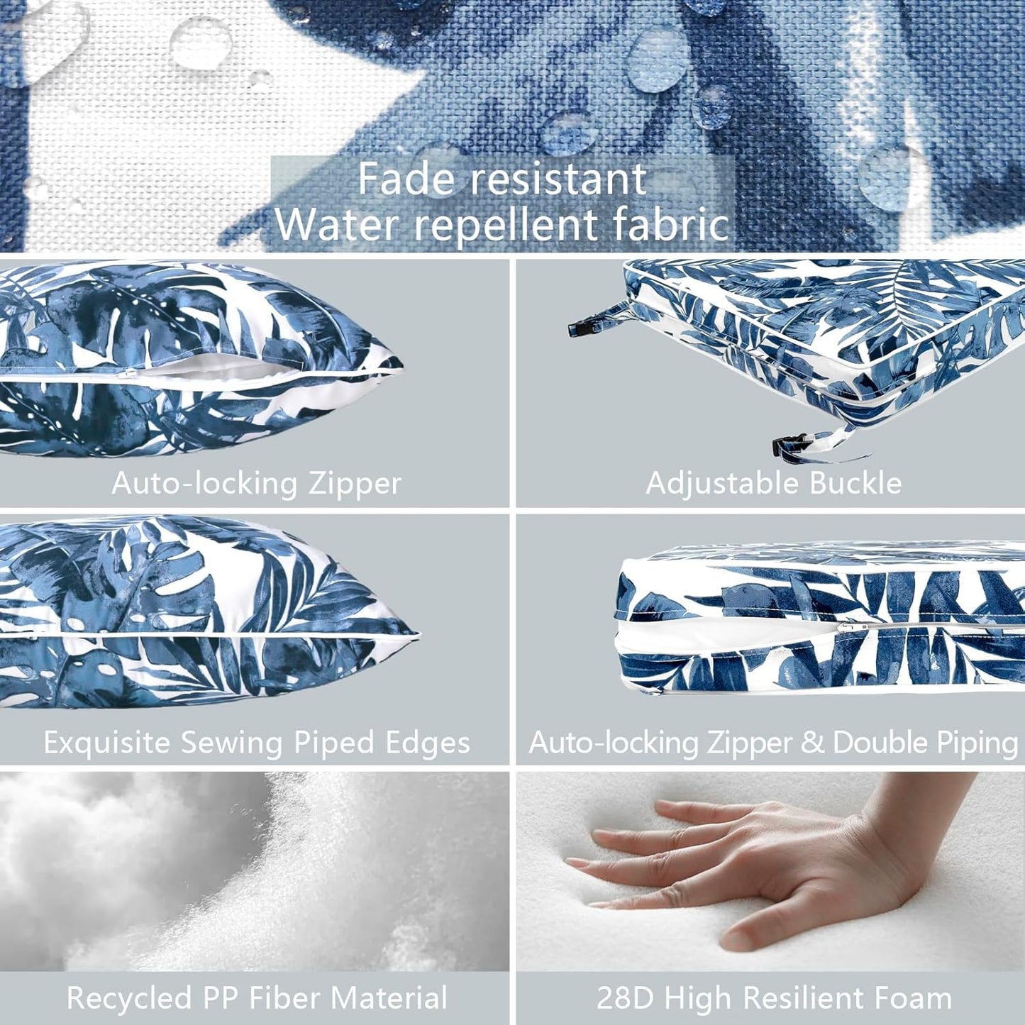 LVTXIII Outdoor Deep Seat Cushion Patio Seat and Back Cushion Set Seasonal Chair Cushion with Removable Cover and Adjustable Buckle for Home and Garden, 22"x22"x4", Palms Blue