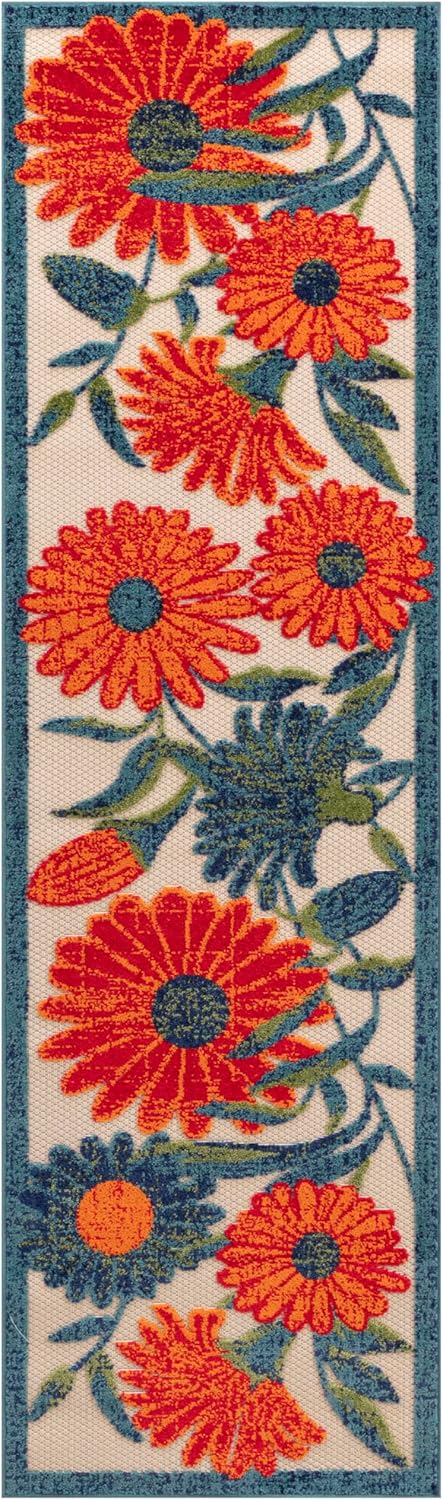 Nourison Home Aloha Indoor/Outdoor Ivory Multicolor 2'3" x 8' Area Rug, Easy-Cleaning, Non Shedding, Bed Room, Living Room, Dining Room, Backyard, Deck, Patio (2x8)