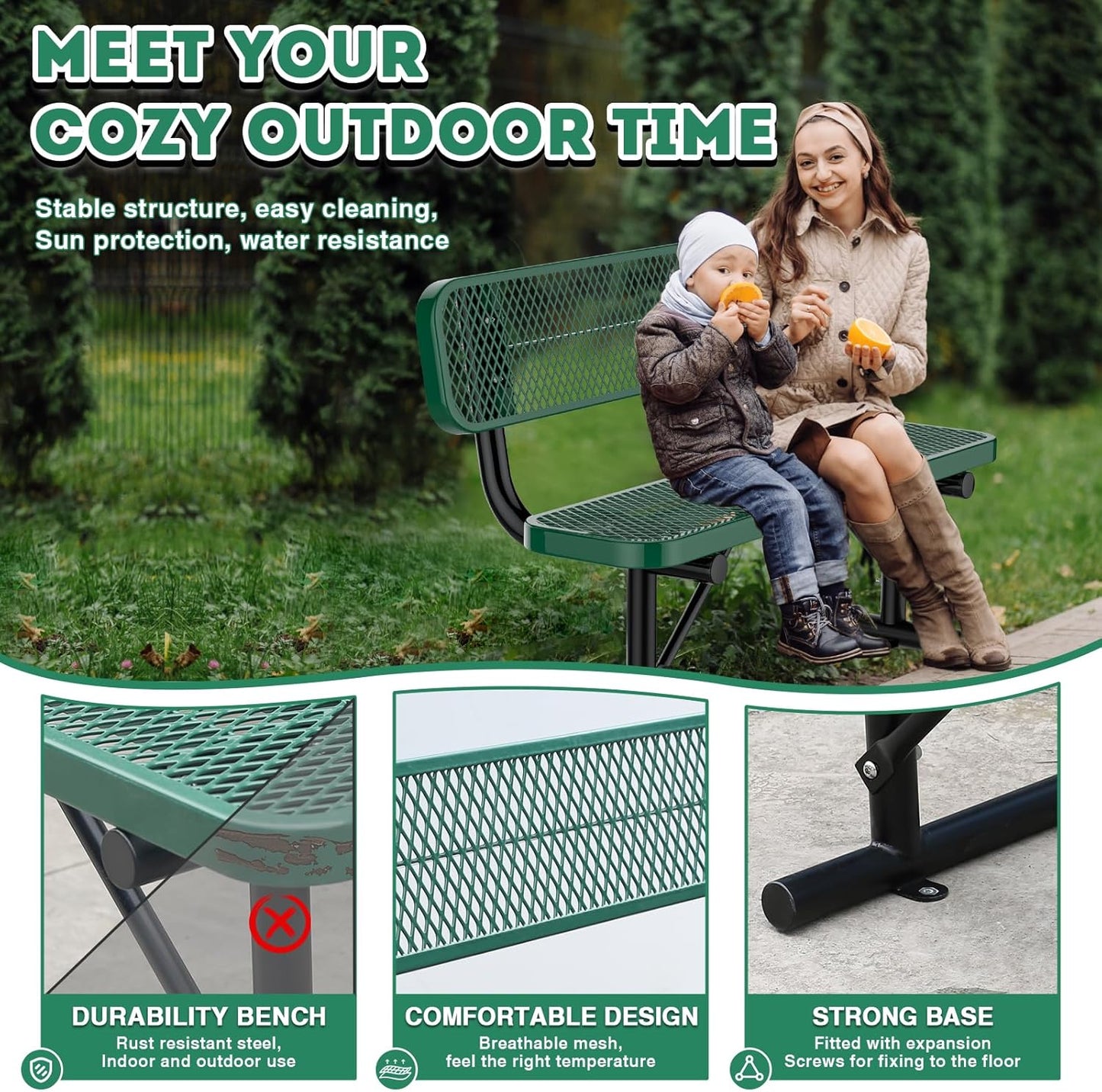 Outdoor Garden Bench, Cast Iron Metal Frame Patio Park Bench with Backrest, Portable Expanded Metal Black Bench, Commercial-Grade Outdoor Seating for Lawn, Patio, Park, Yard, Garden (Green, 4FT/48'')