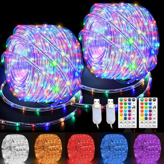 LED Rope Lights Indoor with USB Powered, 66Ft (33Ft X 2 Pack) 200 LED String Lights Outdoor with Remote,16 Color Changing Rope Lights for Outside Garden Party Wedding Christmas