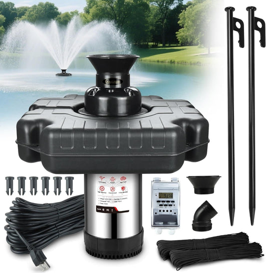 Goldlife Pond Fountain Aerator, F3 1HP 750W 110V Stainless Steel Floating Fountain With 100 FT Power Cord, Octagon Aerating Fountain Pump for Small Large Ponds Lake Pool Bay Fish farm (No Light)