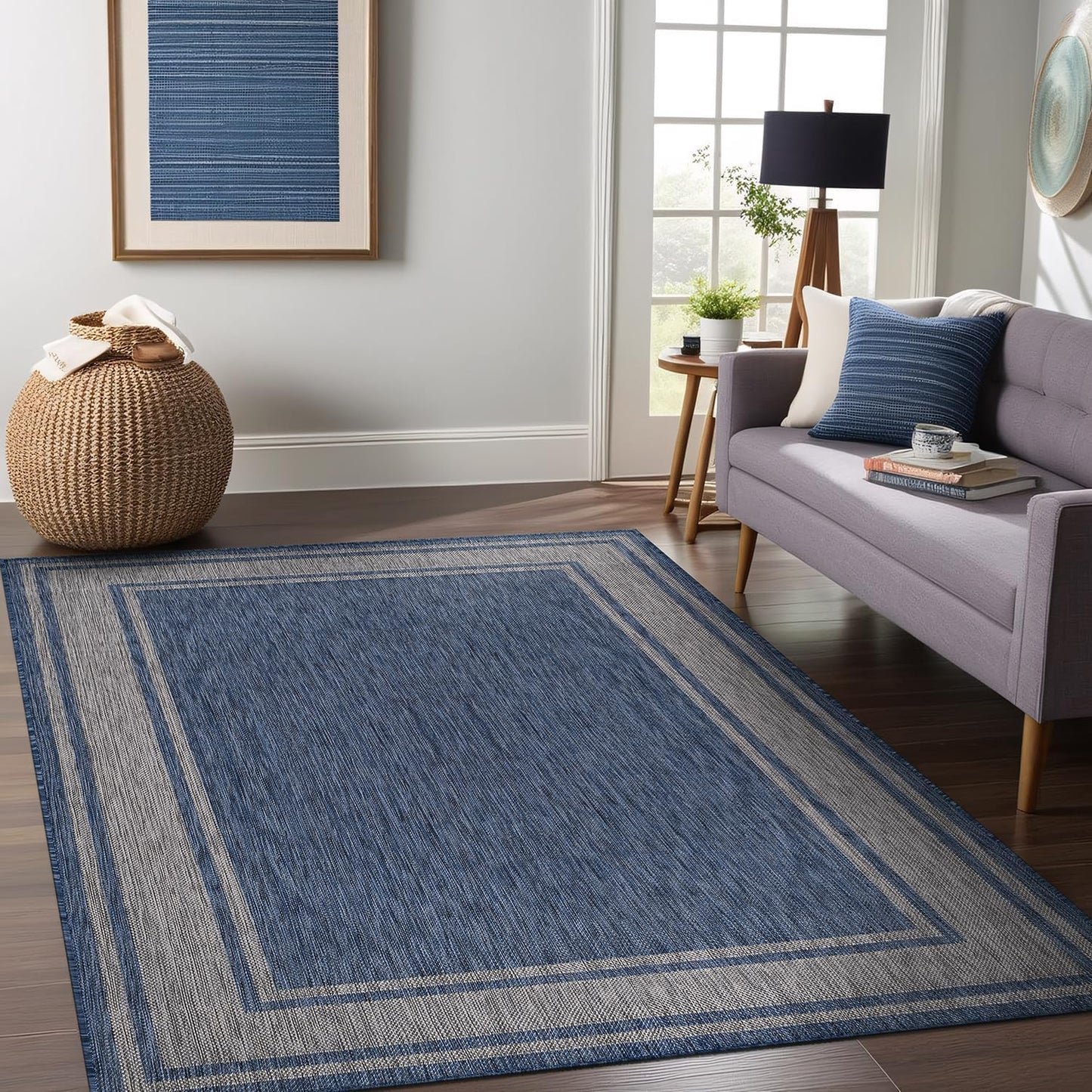 Beverly Rug Outdoor Rug 6x9 Modern Bordered Area Rugs for Indoor and Outdoor Patio Deck Porch Garden Waterproof Weather Sun Resistant Washable Outside Carpet (6 x 9 Navy)