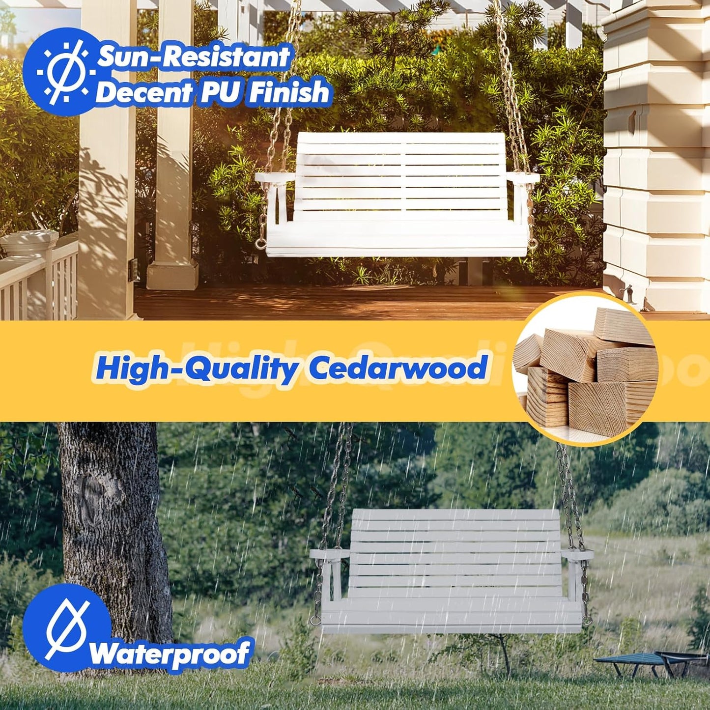 VINGLI Upgraded Patio Wooden Porch Swing for Courtyard & Garden, Heavy Duty 880 LBS Swing Chair Bench with Hanging Chains for Outdoors (White, 4 FT)