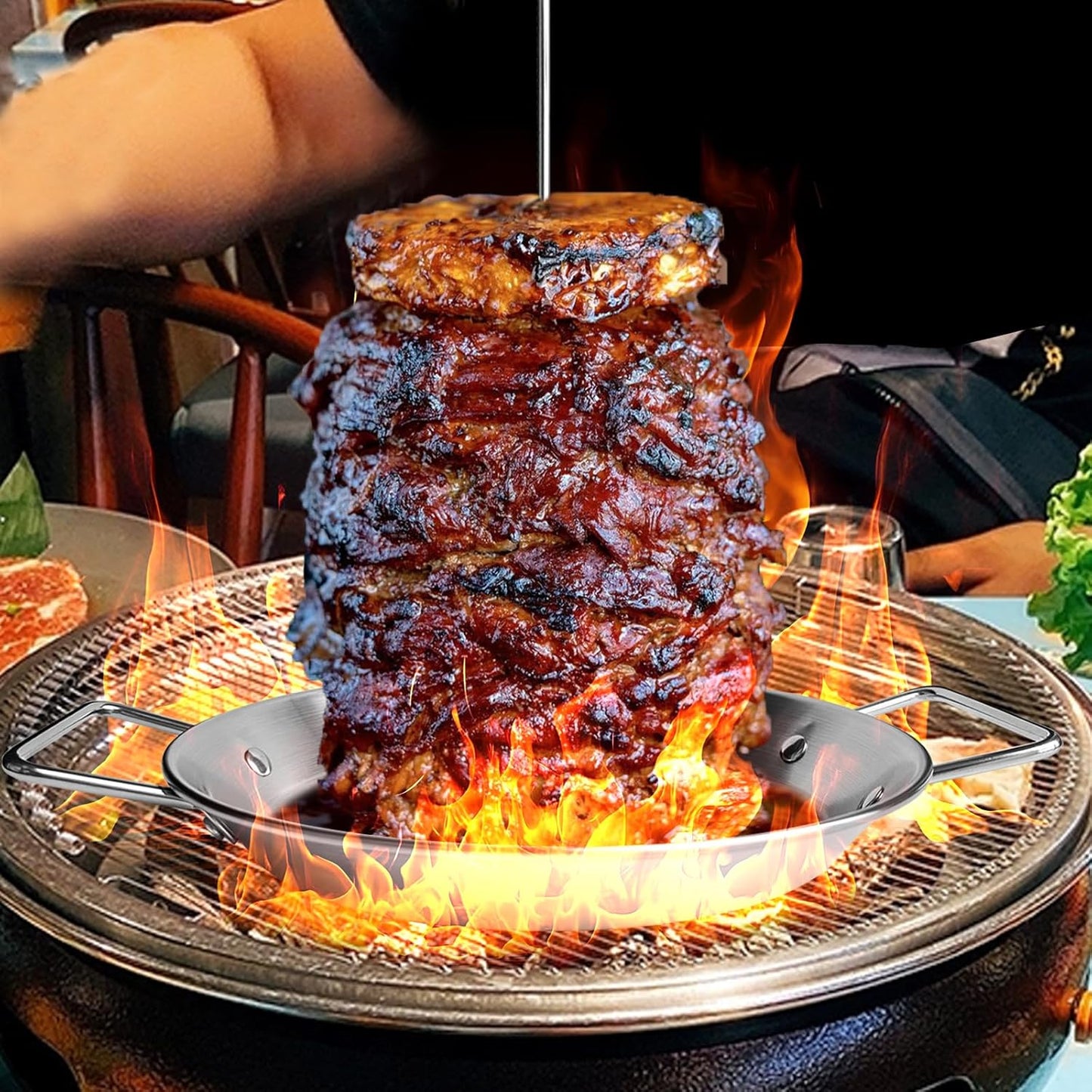 Fengzhe Al Pastor Skewer for Grill：Stainless Steel Vertical Stand, Brazilian Spit Stand with removable 3 Spikes, 2 Brushes, Anti-scalding Fittings, Fat Separator Tray, for Tacos Al Pastor, BBQ