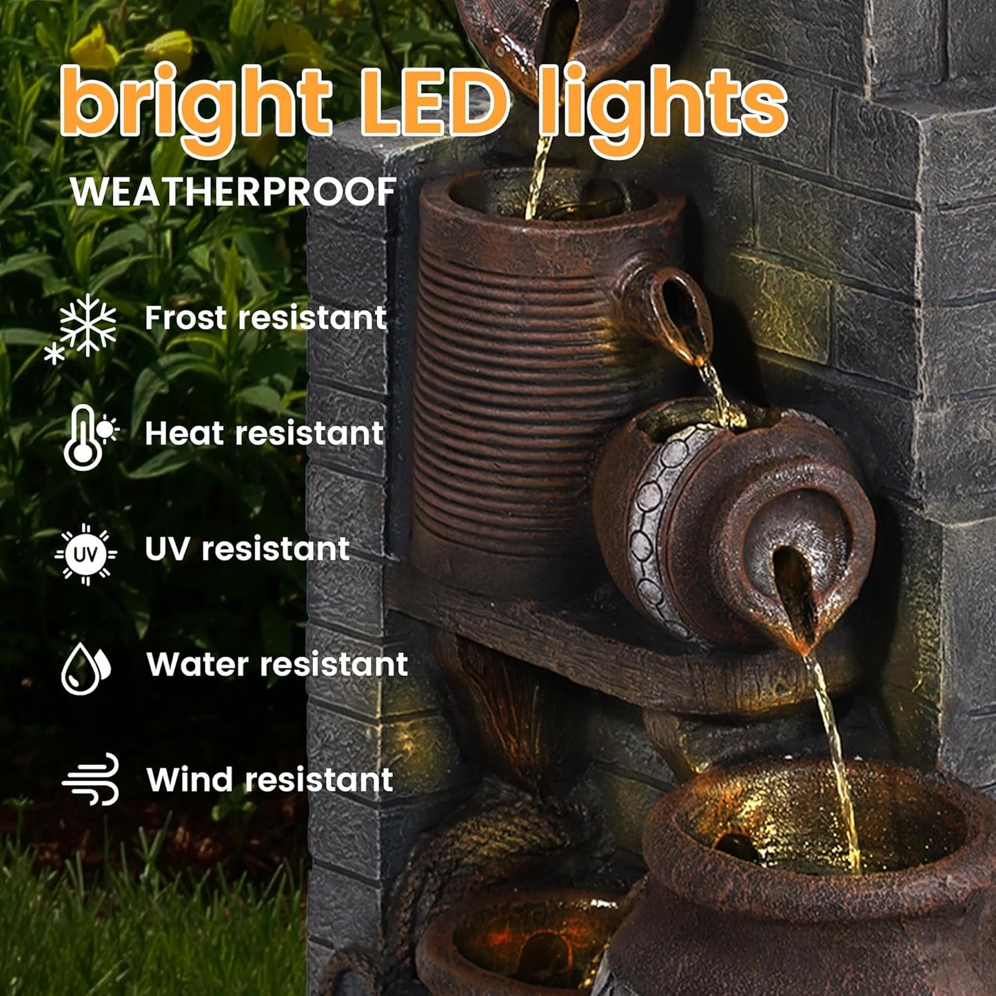 6-Tiers Garden Waterfall Fountain Outdoor - 40''H Water Fountains and Waterfalls, Large Outdoor/Indoor Floor Standing Resin Water Fountain with LED Light for Patio, Garden and Home (Grey)