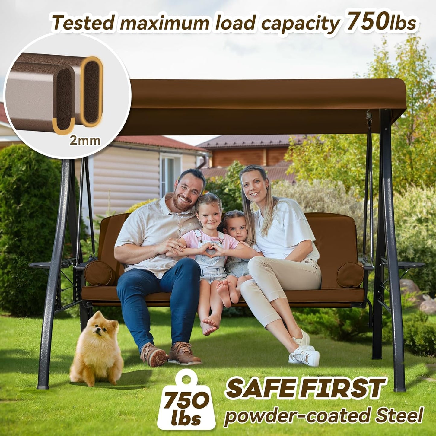 3 in 1 Outdoor Porch Swing with Adjustable Canopy, 3 Seat Outdoor Swing for Adults, Patio Swing Chair with Thickened Cushions,Pillows & Cup Holders for Backyard, Porch, Garden (Brown)