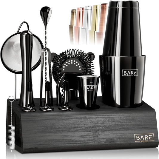 BARE BARREL® Mixology Bartender Kit Bar Set | 14-Piece Cocktail Shaker Set | Martini Barware Mixing Tools for Home Bartending | Incl. 35 Recipe Cards | Gift Set (28oz Boston Shaker, Jet Black/Black)