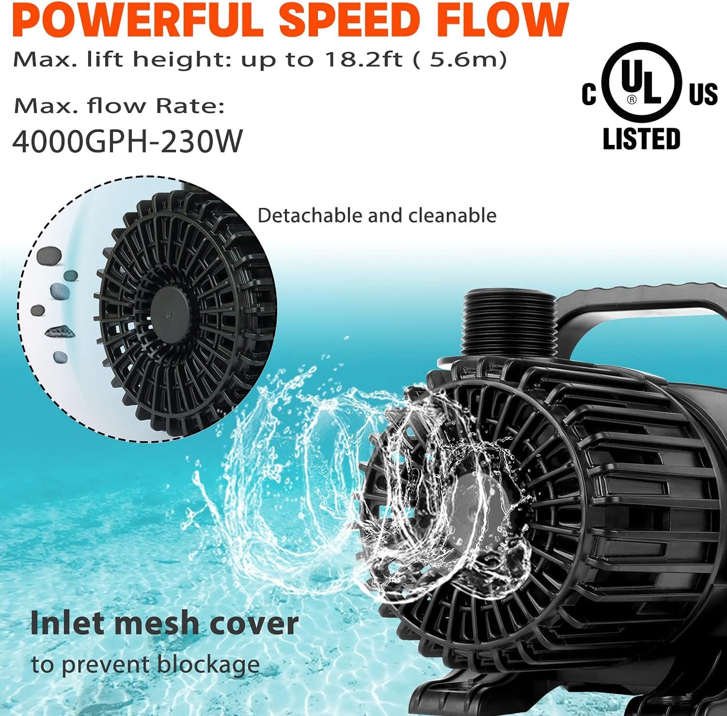 WaterRebirth (4000GPH-230W,UL listed) Large Fountain Submersible Water Pond Sump Pump Aquarium Electric Waterfall Pump Outdoor PS- 4000