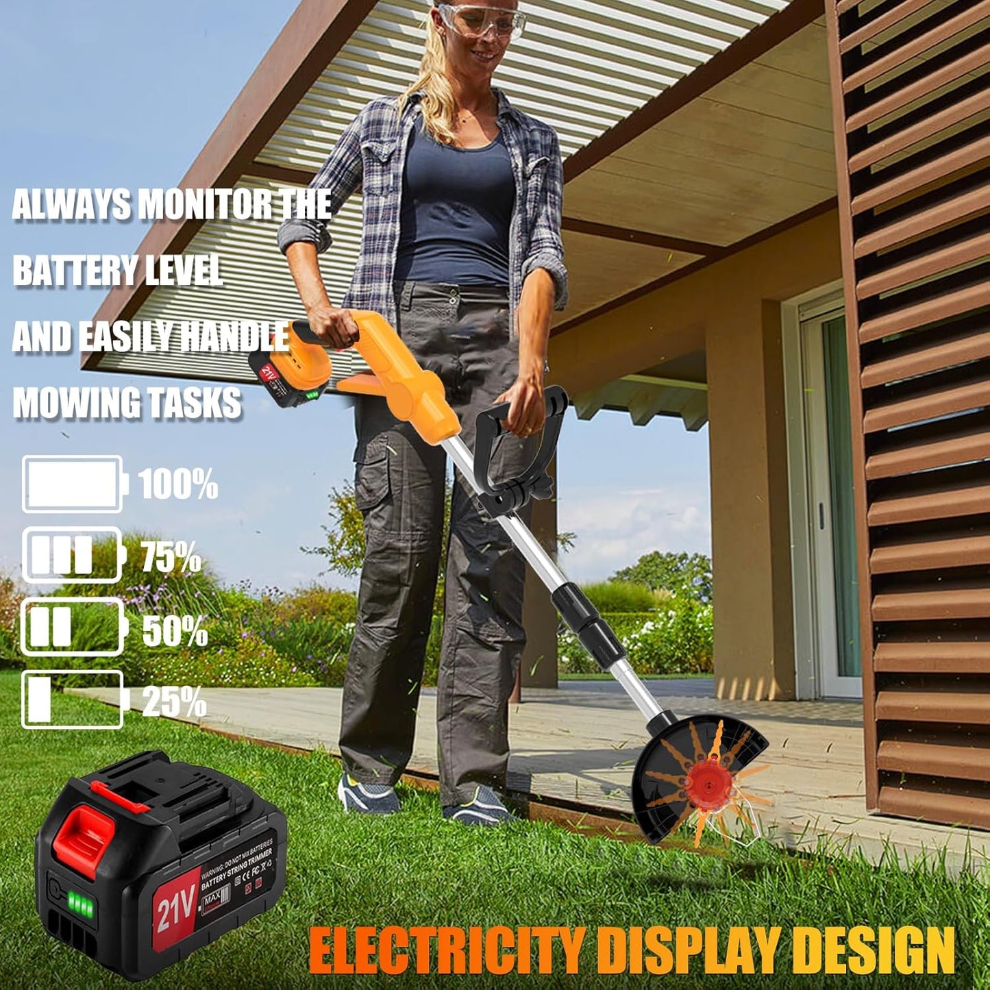 Electric Weed Wacker Eater Cordless String Trimmer Battery Powered, 21V/4000mAh Grass Trimmer Battery Operated Brush Cutter, 3 in 1 Lightweight Weed Trimmer/Lawn Edger/Trimmer Edger for Yard Garden