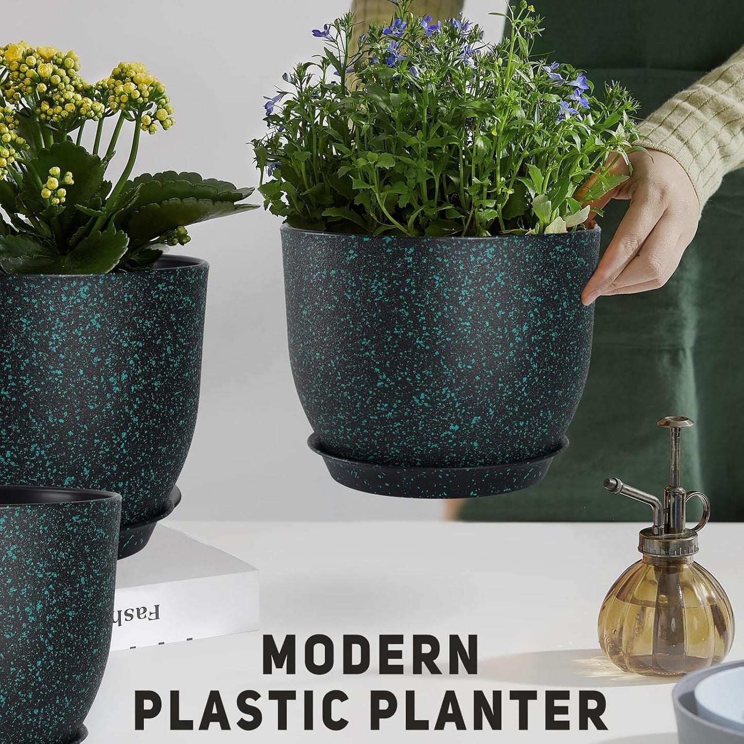 Plant Pots 10/9/8/7.5/7 inch Set of 5,Flower Pots with Multi Mesh Drainage Holes, Large Planters for Indoor Outdoor Garden Plants and Flowers. (Green Speckles)