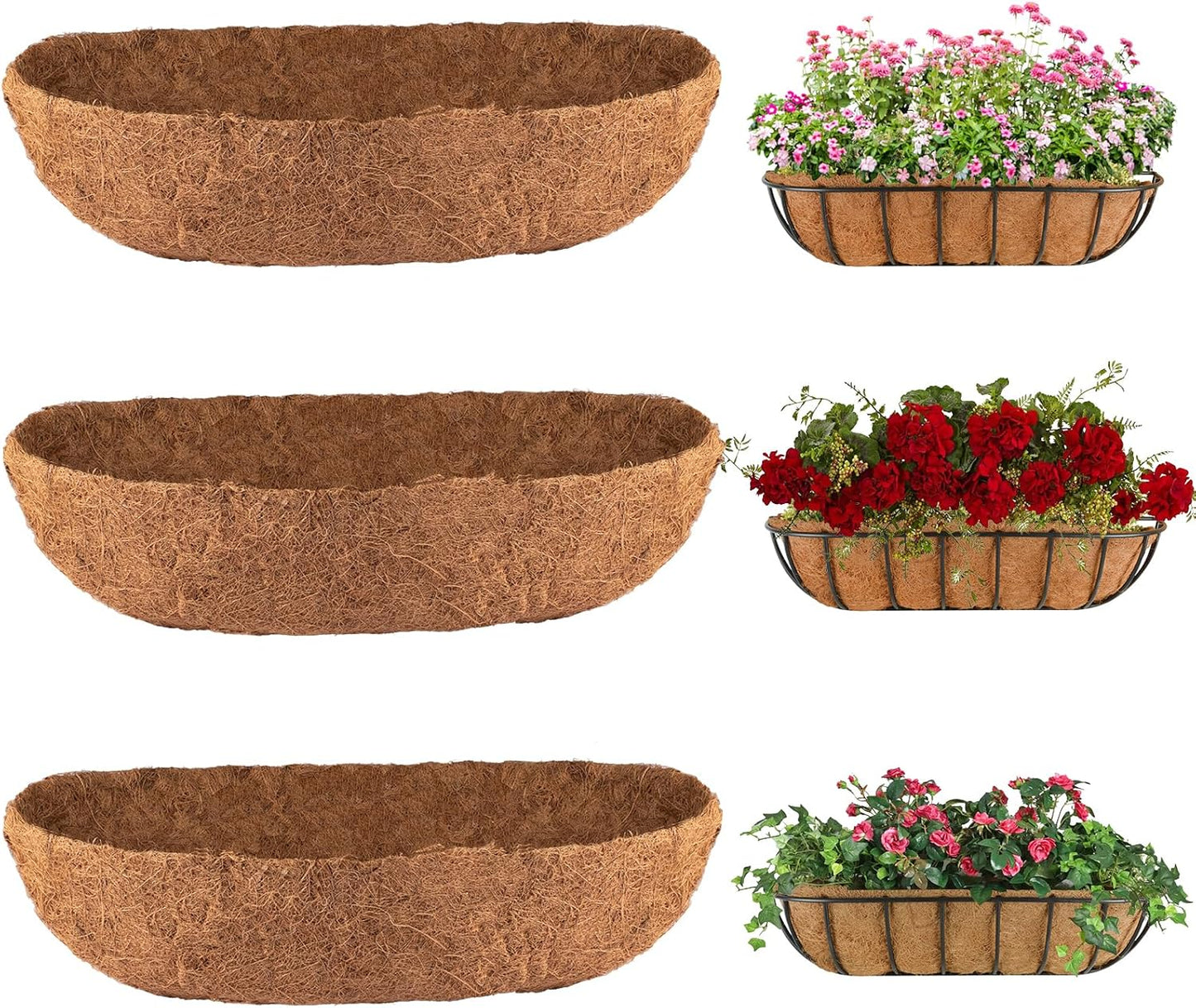3Pcs Trough Coco Liner 36" Coco Coir Liners for Planters, Liners for Window Boxes Liners, Wall Basket Planters, Railing Hanging Baskets, Garden Planter Baskets