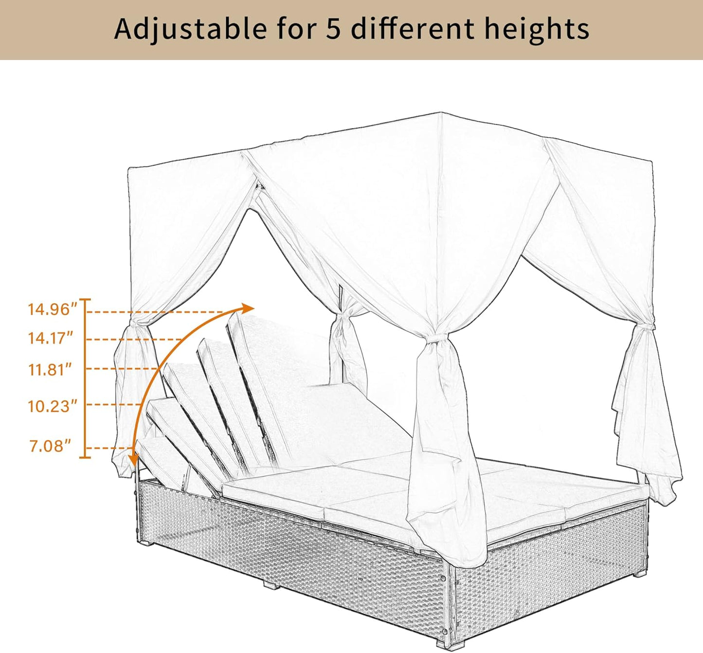 Patio Chaise Lounge, PE Rattan Outdoor Patio Wicker Sunbed Daybed with Adjustable Seats, Four-Sided Canopy, Overhead Curtain and Beige Cushions for Backyard, Garden, Poolside (for 2-6 People)