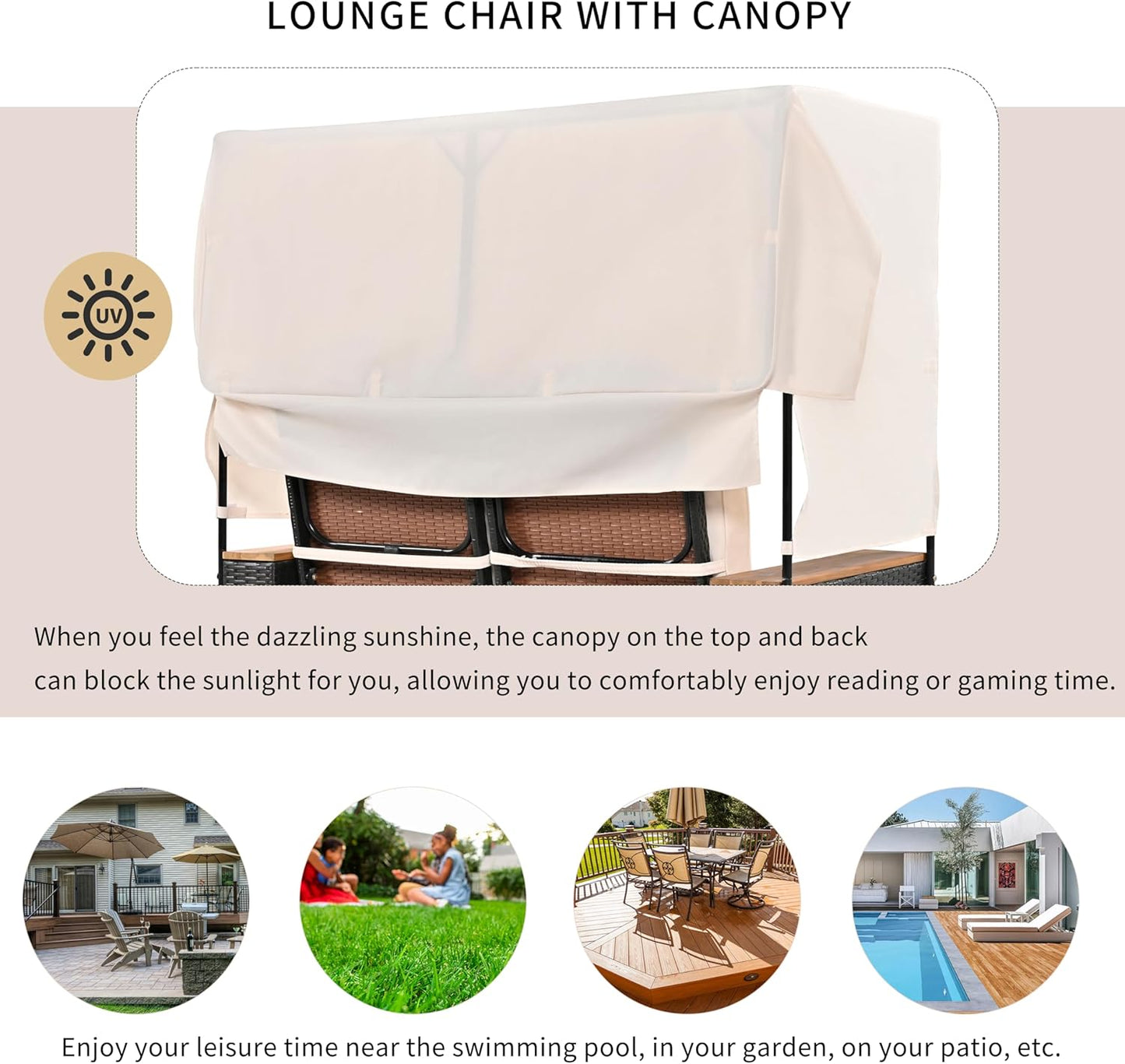 Merax 2-Piece Outdoor Rattan Daybed, Wooden Handrail Table Patio Loveseat Sofa Bed with Bench Lounge Roof Set and Cushions for Poolside, Backyard and Garden, Beige