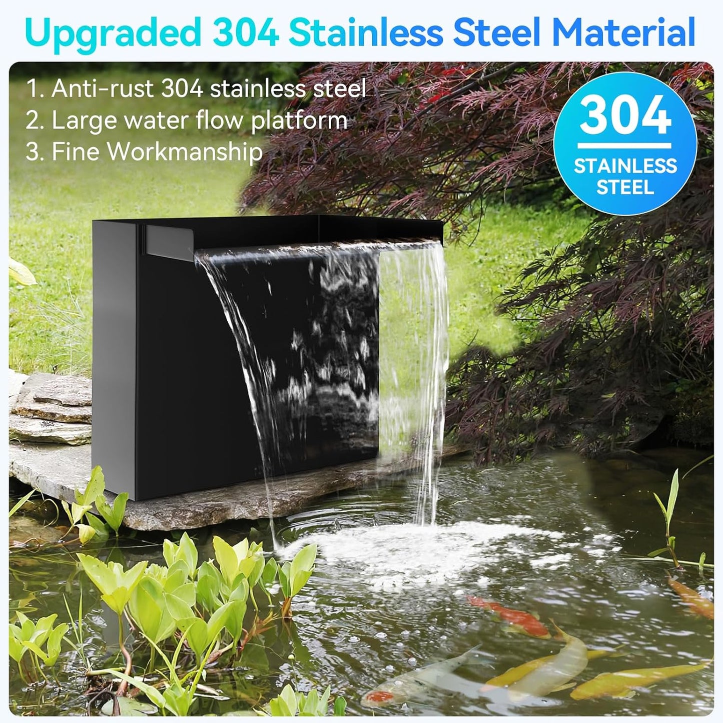 POPOSOAP 70W Pond Waterfall Spillway with Water Pump, 304 Stainless Steel Waterfall Kit with 9.8FT Corrugated Tube, Pond Waterfall Box for Outdoor Pond Waterfall Setup Waterfall System Garden Decor