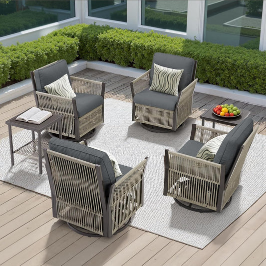Patio Furniture Wicker Outdoor Conversation Set, 6-Piece All Weather Patio Furniture Rattan Rocking Sets w/Removable Cushions & Ottomans, Bistro Set for Backyard, Balcony, Deck, Dark Grey