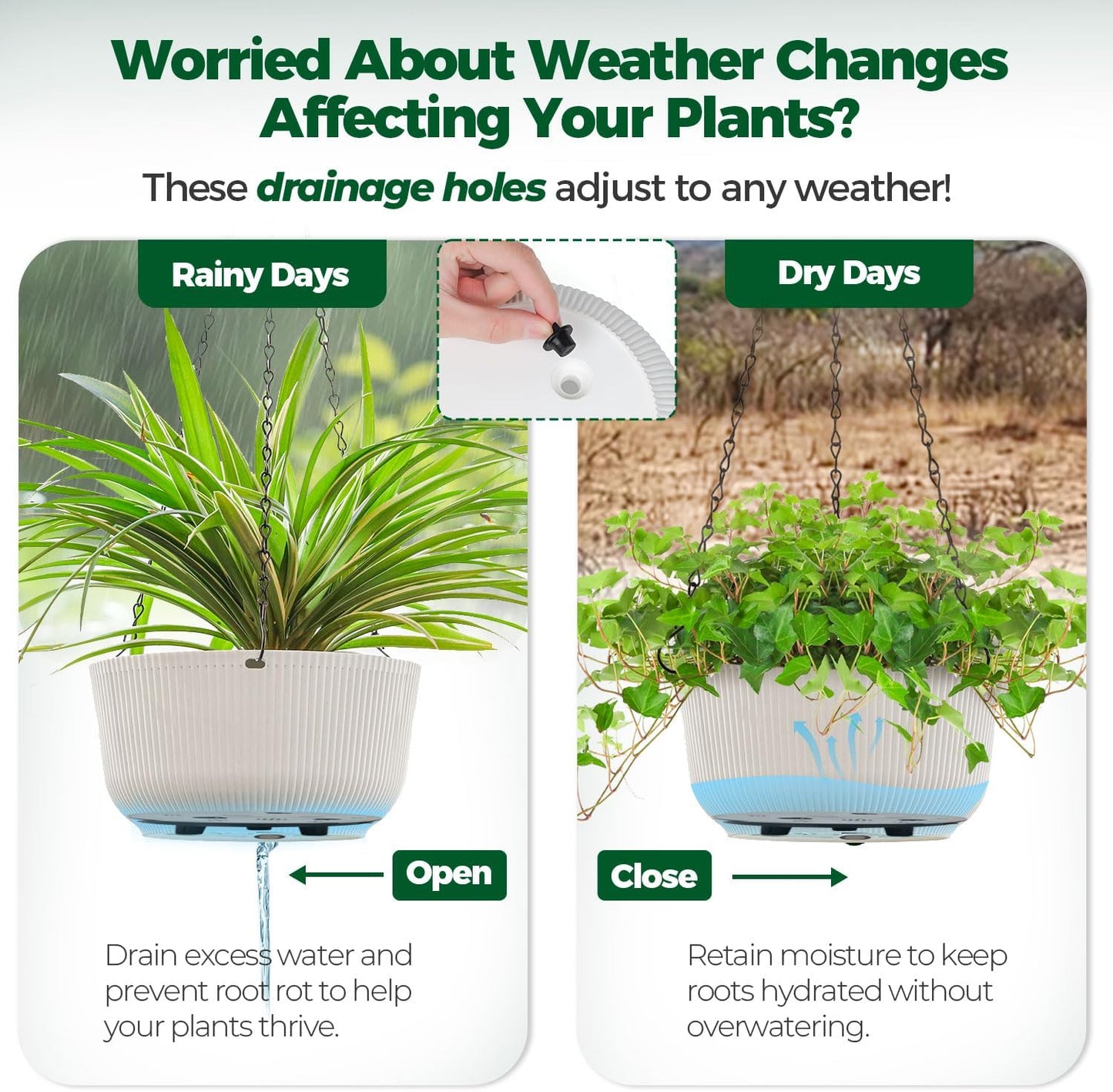 T4U 12 Inch Large Hanging Planters for Outdoor Plants, 2 Pack Self Watering Pots Indoor, Hanging Baskets for Plants,Hanging Flower Pot with Drainage Hole and Plant Hanger, White