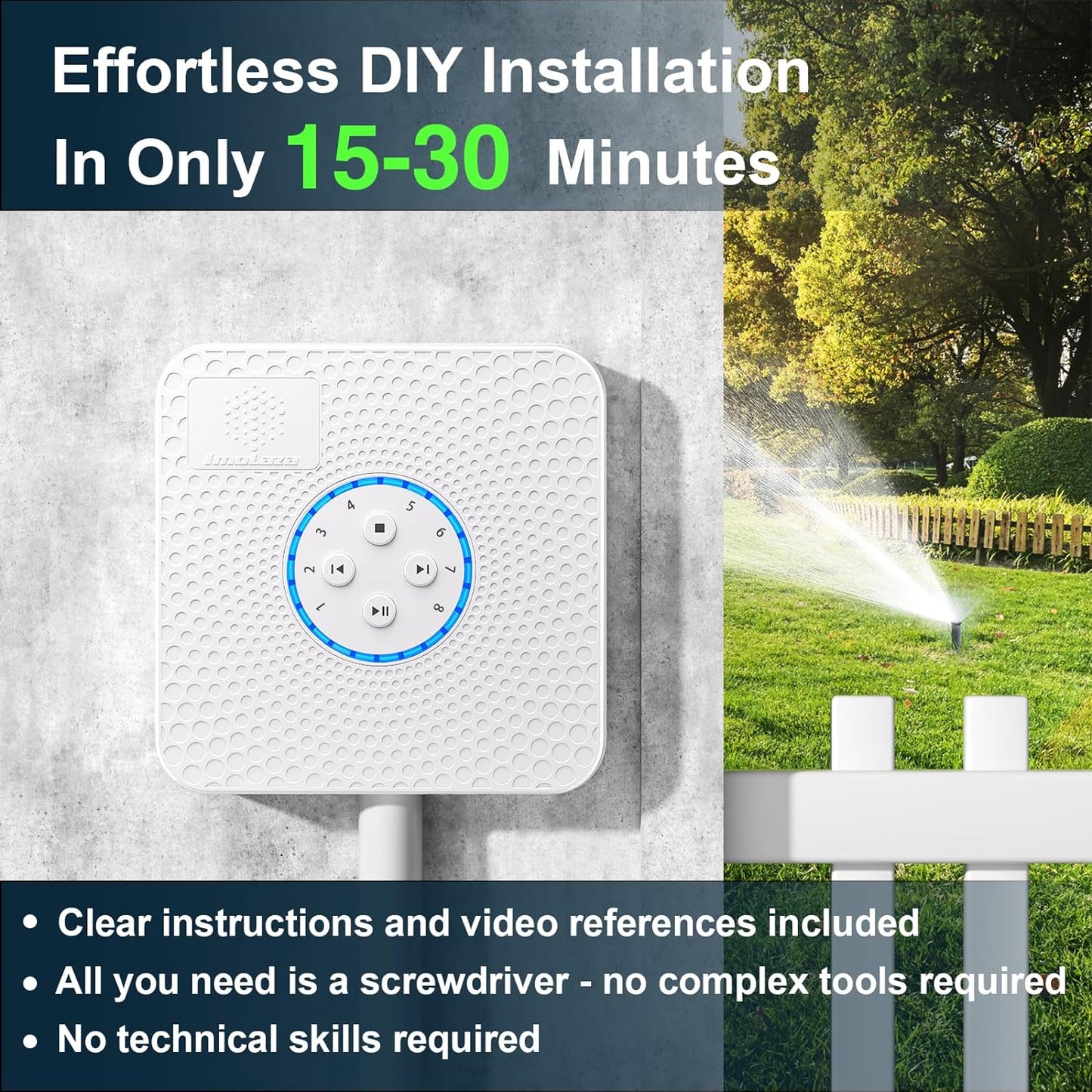 ImoLaza Smart Sprinkler Controller Evapotranspiration Master: 8 Zones WiFi Irrigation Controller with Automated Watering and App Control, Save Water Through Rain, Freeze, Wind and Saturation Skip
