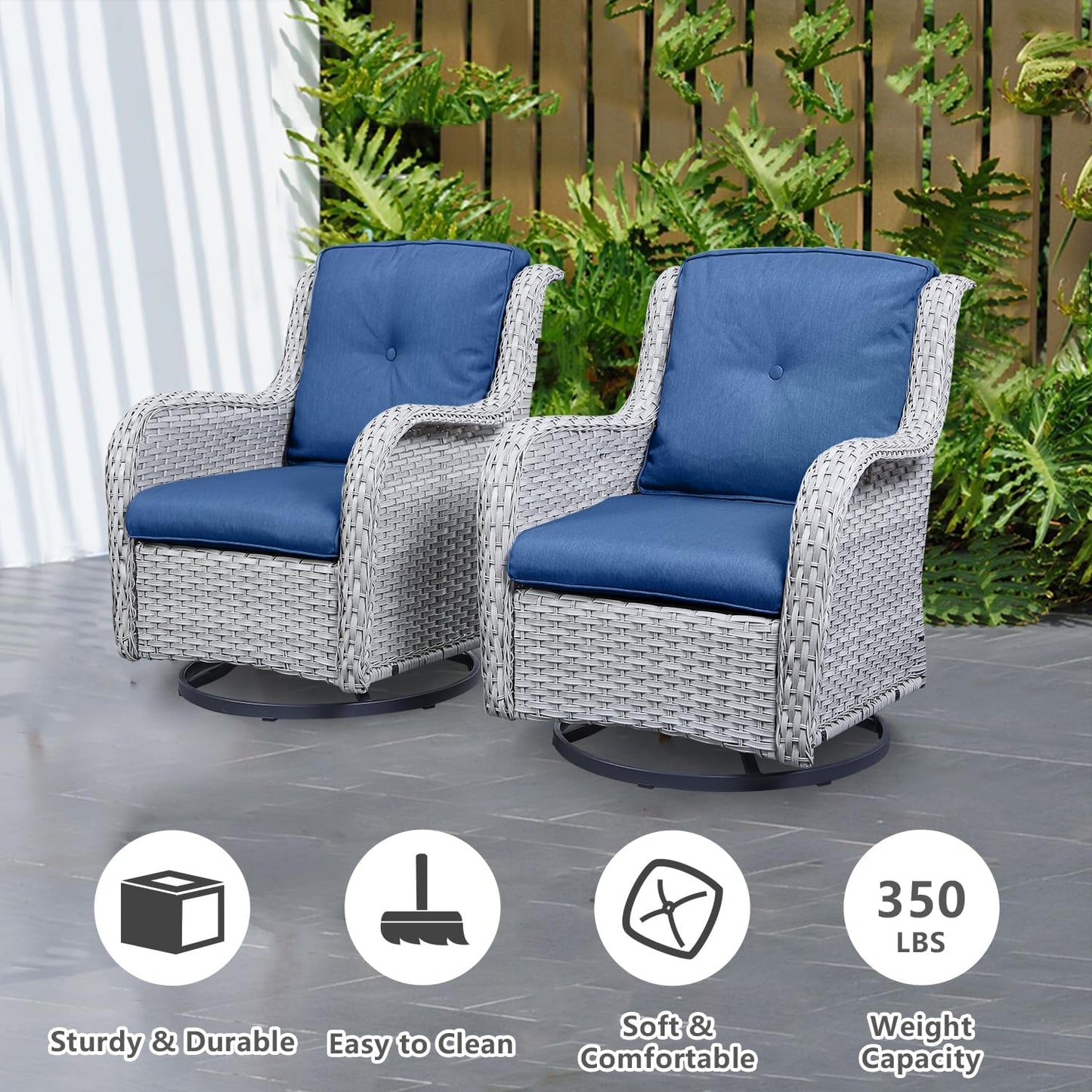 5 Piece Outdoor Patio Furniture Set - Patio Wicker Furniture Conversation Set, Outdoor Swivel Rocker Chairs with Loveseat Sofa and 2 Ottomans for Small Space, Blue Cushion