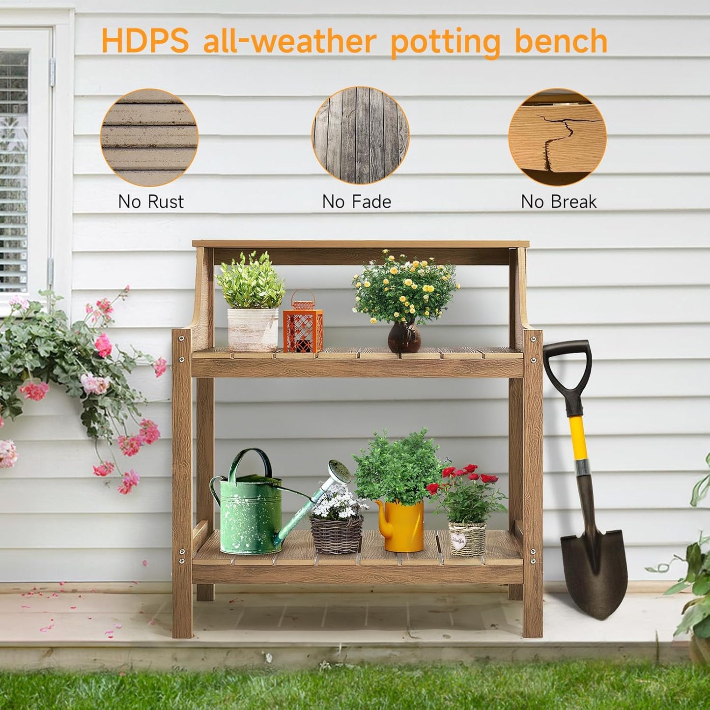 Potting Bench Table, HDPS Potting Bench with 4 Side Hooks, All-Weather Garden Table Work Station, Outdoor Potting Table for Porch, No Rust, No Fade, No Break, 360lbs Capacity (Teak, Large)