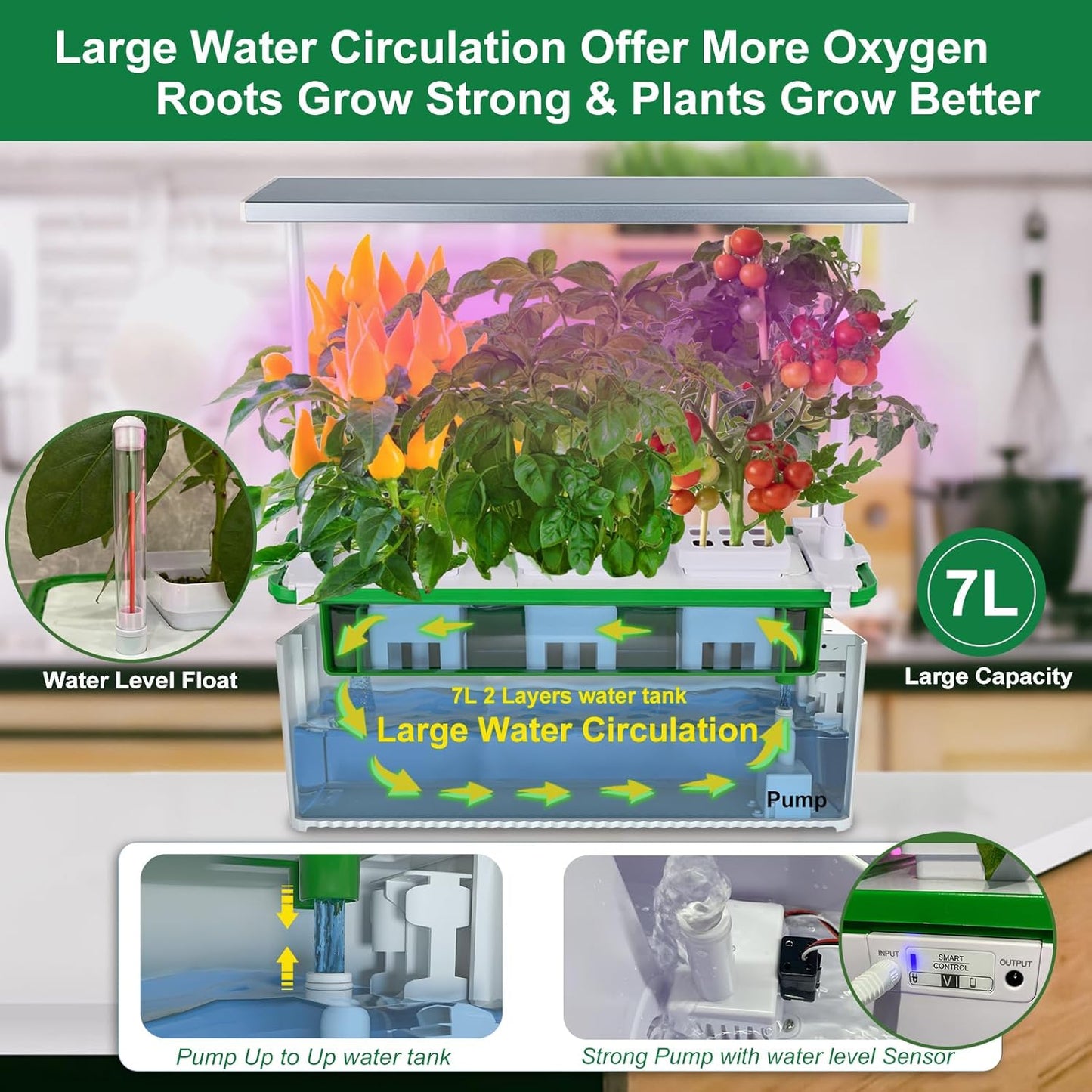 Large Hydroponics Growing System kit with Trellis,Smart Indoor Hydroponic Gardening System with LED Grow Light, Indoor Hydroponic Grow Kit for Tomato,Pepper,Cucumbers(7L,Pump)