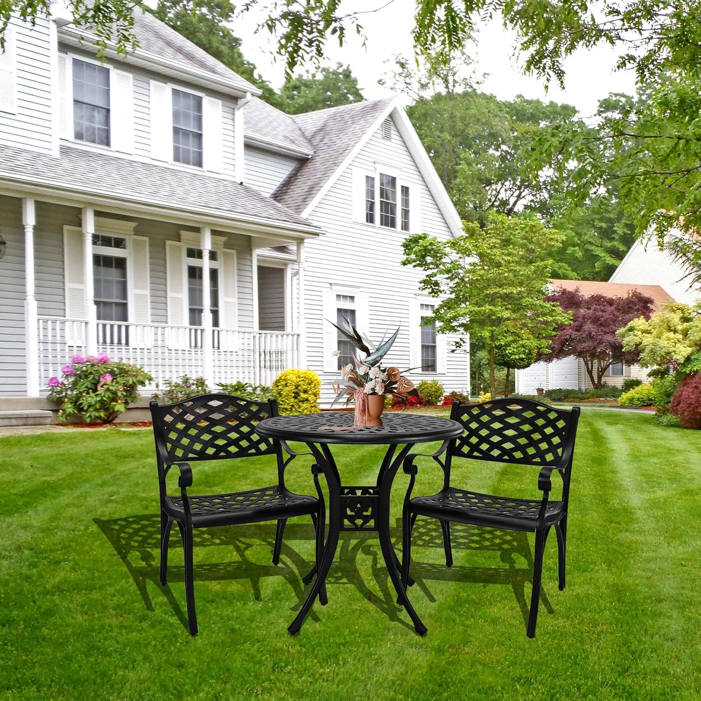 Outdoor Bistro Set 3 Piece, All Weather Bistro Table and Chairs Set, Cast Aluminum Patio Bistro Sets with 2.36" Umbrella Hole, Patio Furniture Set for Garden Porch