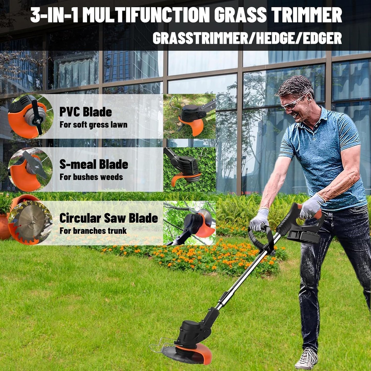 Electric Weed Wacker,Weed Eater on Battery Operated,Comes with Two 24V Batteries and Three Different Types of Blades,3 in 1 Trimmer Lawn/Cordless Trimmer for Lawn Yard Garden (Black)
