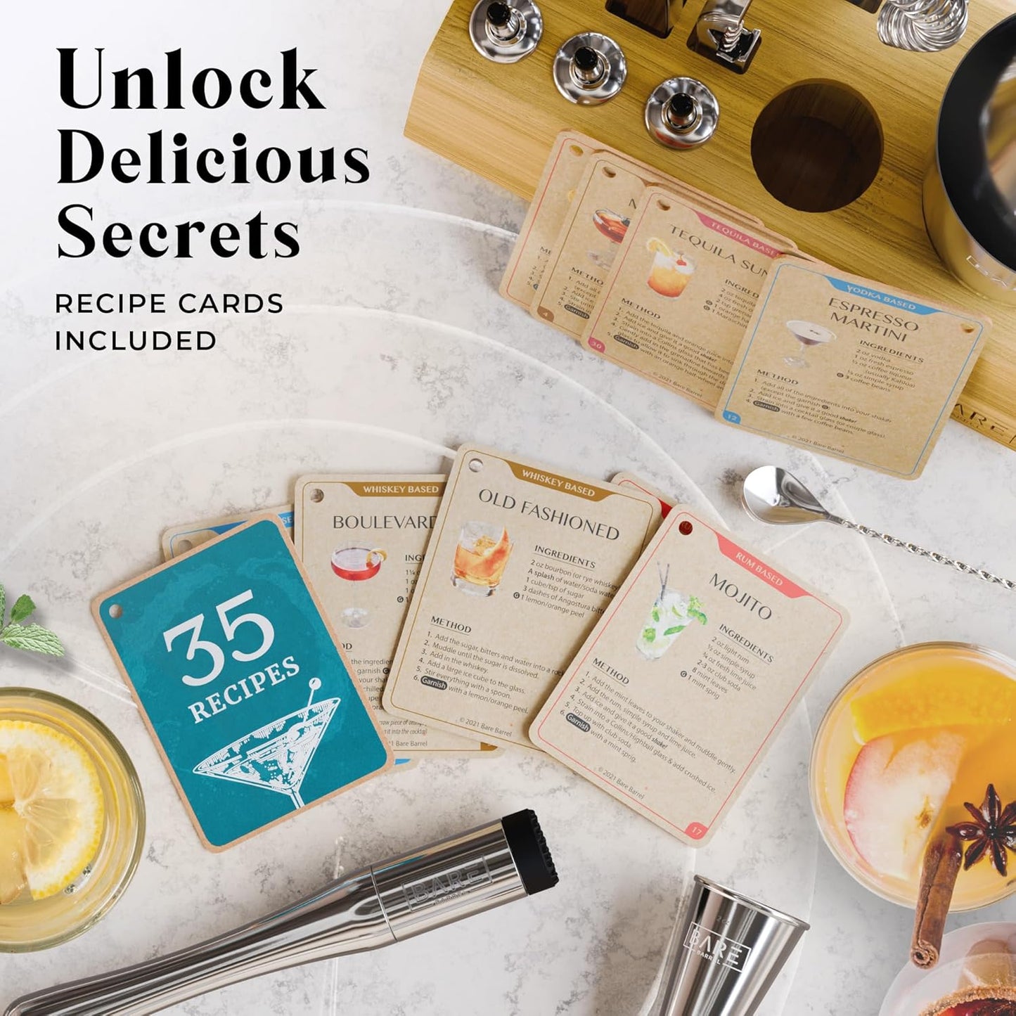 BARE BARREL® Mixology Bartender Kit Bar Set | 14-Piece Cocktail Shaker Set | Martini Barware Mixing Tools for Home Bartending | Incl. 35 Recipe Cards | Gift Set (28oz Boston Shaker, Silver/Natural)