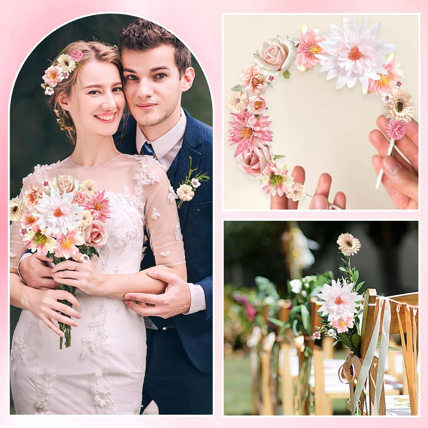 YYHUAWU Fake Flower Heads Mini Pink Artificial Flower Faux Dahlia Rose Flowers Multicolor Silk Daisy Flower Heads for Craft Garland Wedding Bridal Baby Shower Home Party Decoration DIY Cake Decor