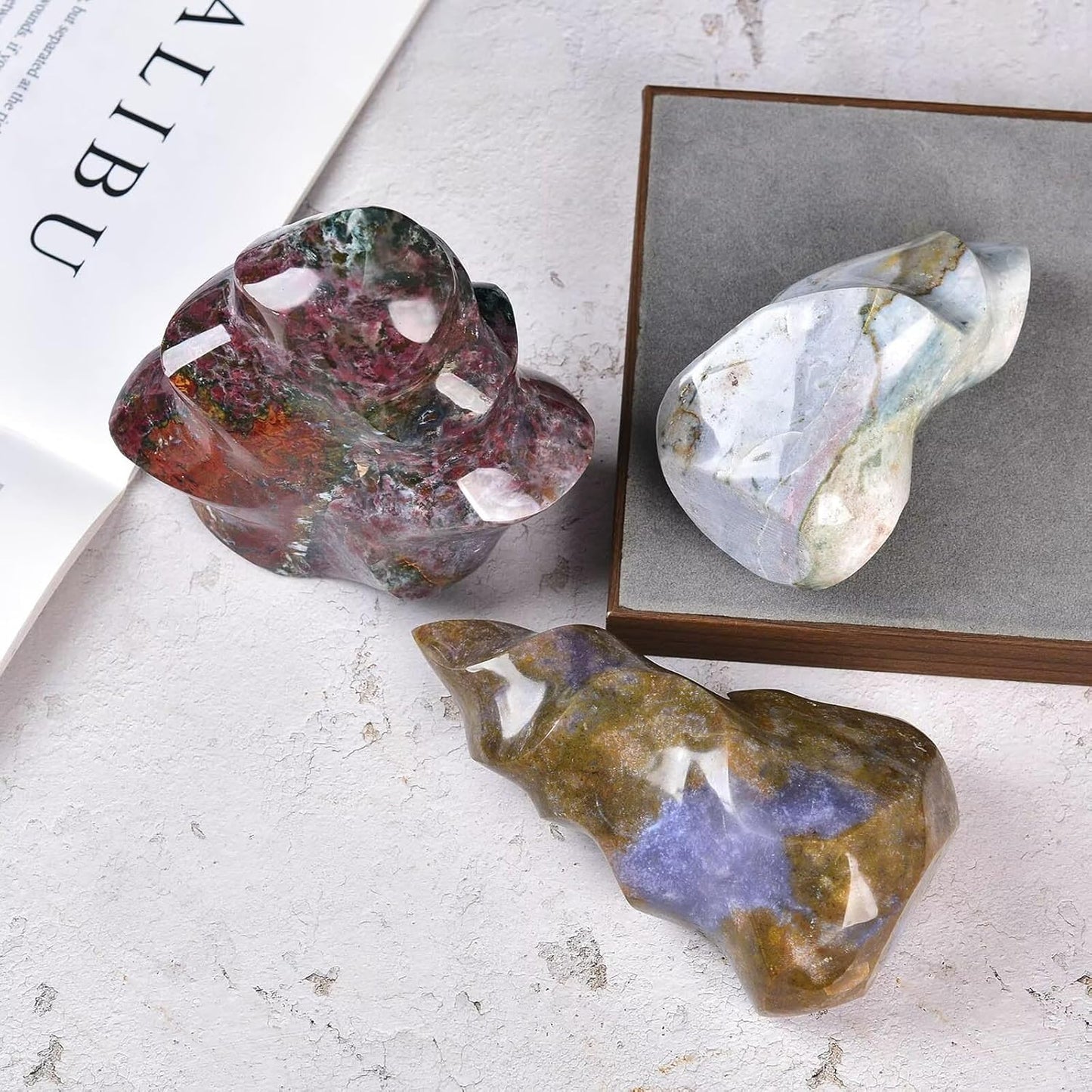 AMOYSTONE Ocean Jasper Flame Shaped Stone Towers Obelisk Natural Healing Crystal Quartz Reiki Energy Decoration Home Office Decor 0.6-1.0LBS