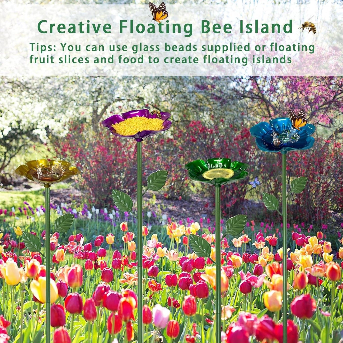 4 Packs Metal Bee Watering Station,Bee Water Feeder for Garden with 20 Marbles for Outdoor Decor,Decorative Water Feeder to Attract Pollinators(Red,Green,Blue,Yellow)