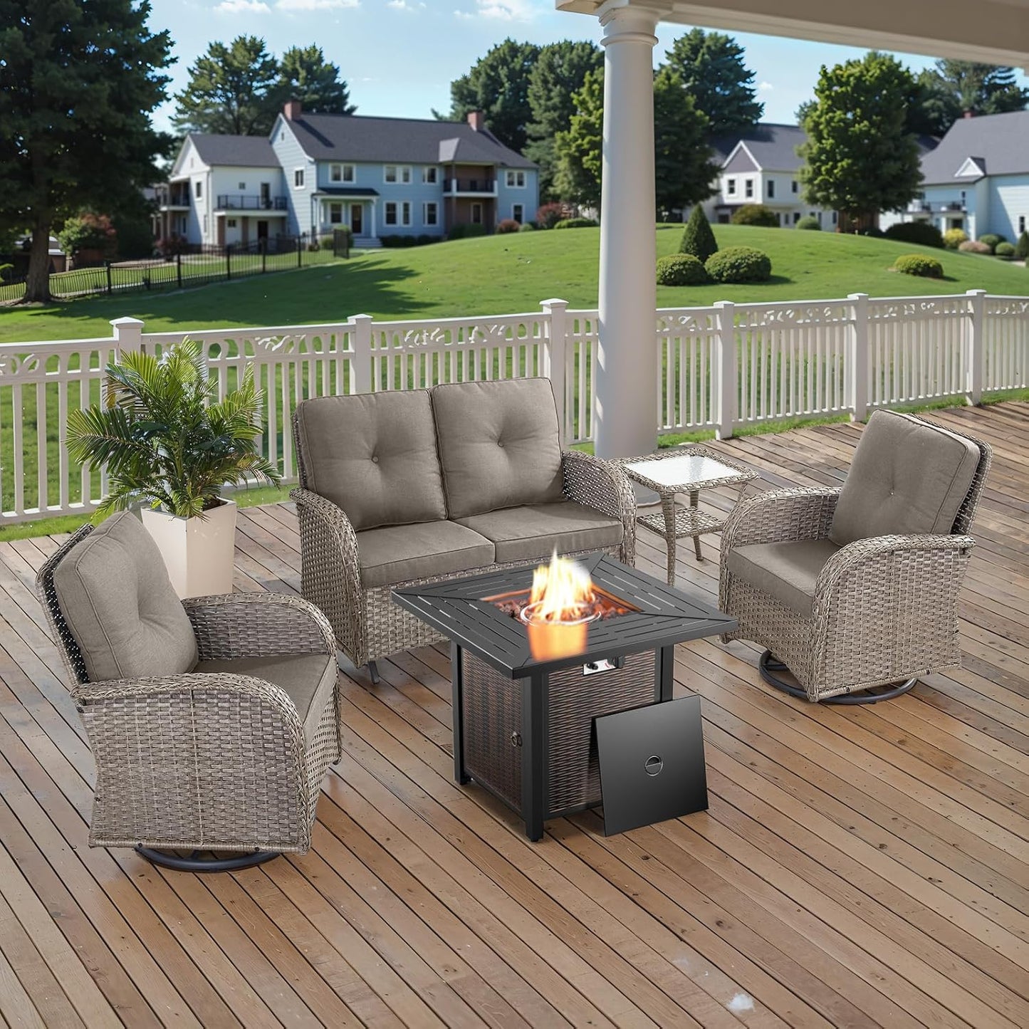 5 Pieces Outdoor Patio Furniture Set with 50000 BTU Propane Fire Pit Table, Deep Seating Wicker Swivel Rocker Chairs and Loveseat Glider Patio Conversation Set for Deck Poolside Backyard