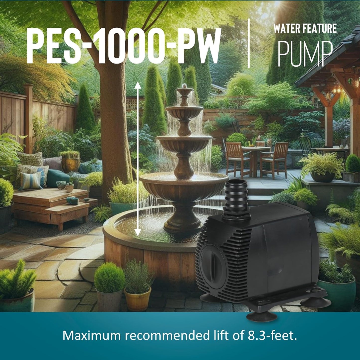 Little Giant PES-1000-PW 115-Volt, 1150 GPH Magnetic Drive Fountain/Pond Pump with 15-Ft. Cord, Black, 566722