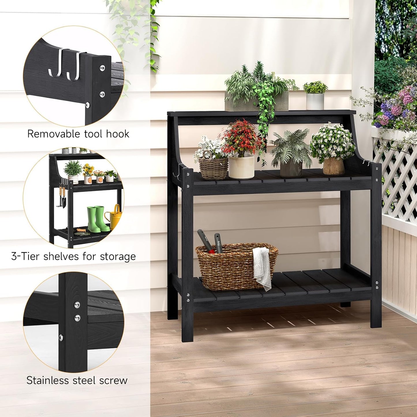 Potting Bench Table, HDPS Potting Bench with 4 Side Hooks, All-Weather Garden Table Work Station, Outdoor Potting Table for Porch, No Rust, No Fade, No Break, 360lbs Capacity (Black, Large)