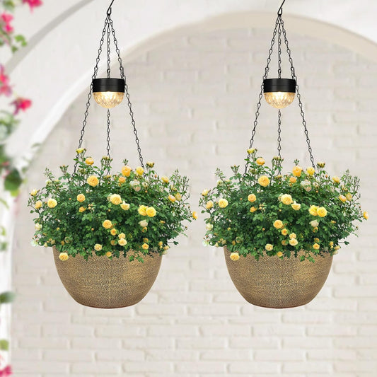 2 Packs Hanging Planters Basket for Outdoor Plants, Solar Powered Self Watering Copper Round Plastic Flower Pots with Drainer for Balcony Patio Garden Outdoor Decoration