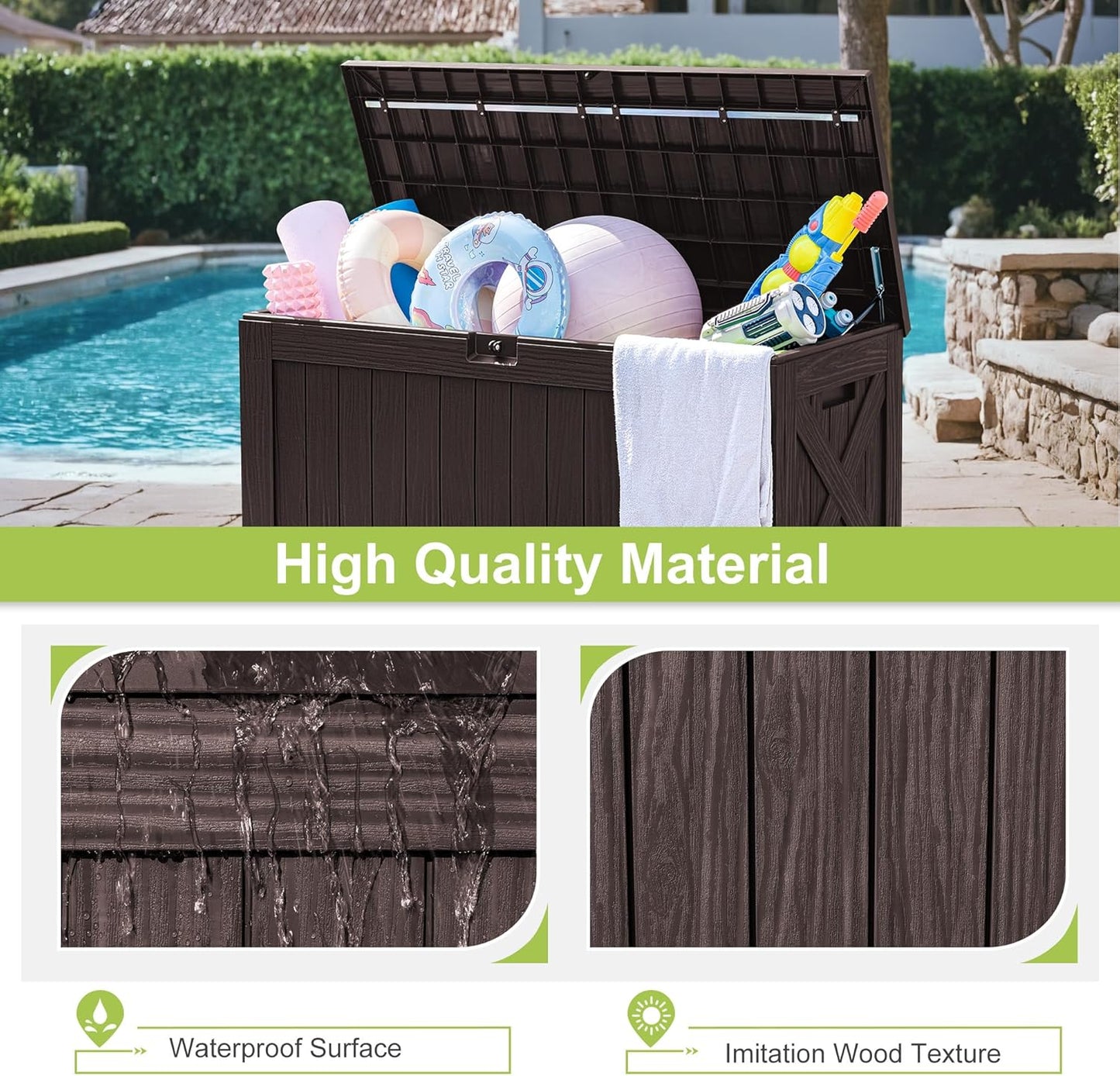 Greesum 120 Gallon Deck Box, Resin Outdoor Storage Container for Patio Furniture, Garden Tools, Pool Accessories, Weatherproof, Lockable, Brown