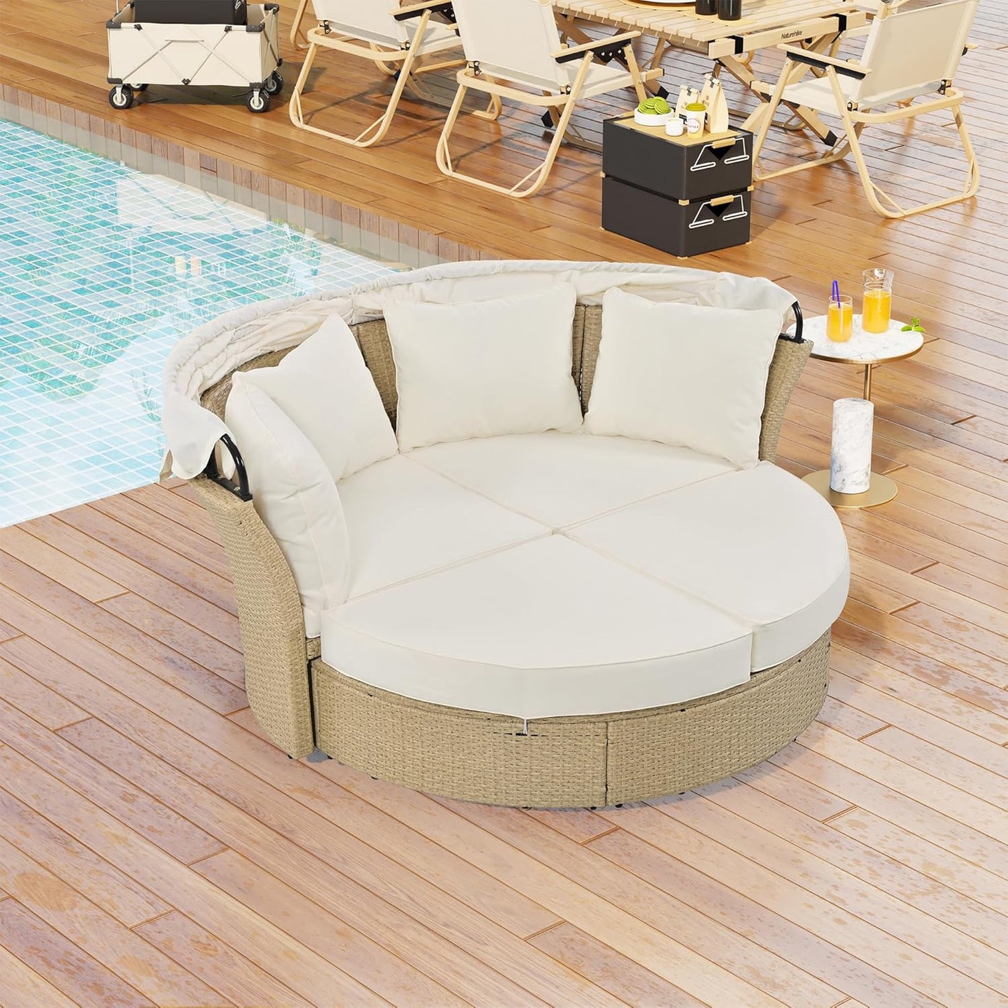 kevinplus Round Outdoor Daybed Patio Sunbed, Convertible Wicker Rattan Outdoor Daybed Sunbed with Retractable Canopy for Garden Backyard Porch Poolside, Beige