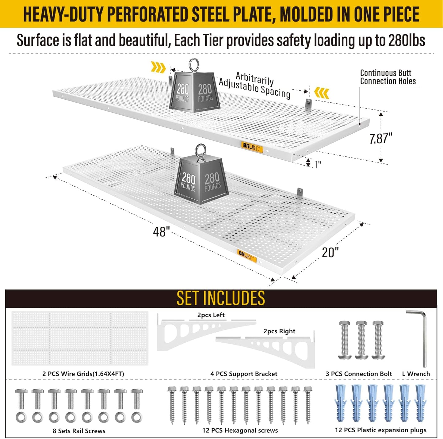 2Pack 1.64x4ft Adjustable Metal Garage Wall Shelving Heavy Duty Garage Storage Shelf Wall Mounted White